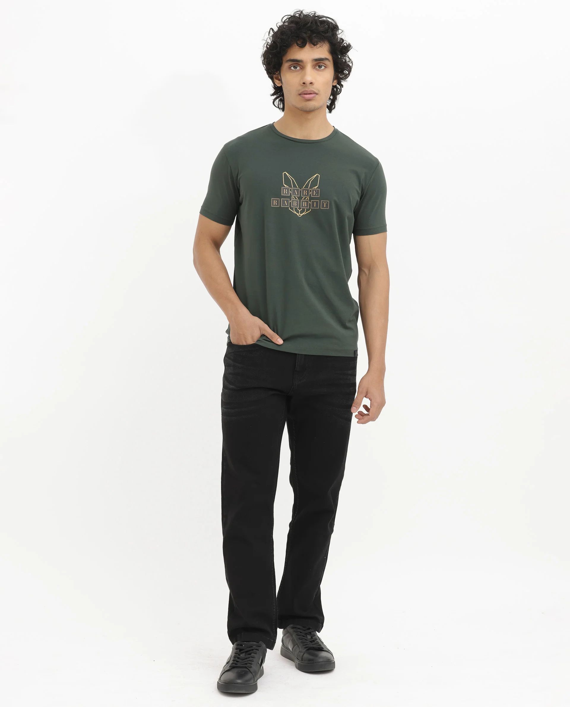 Rare Rabbit Men's Bion Olive Cotton Blend Graphic Print Regular Fit Half Sleeve Crew Neck T-Shirt - Image 3