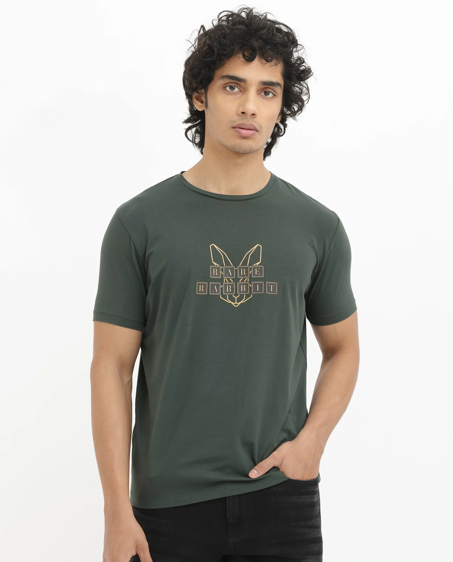 Rare Rabbit Men's Bion Olive Cotton Blend Graphic Print Regular Fit Half Sleeve Crew Neck T-Shirt - Image 4