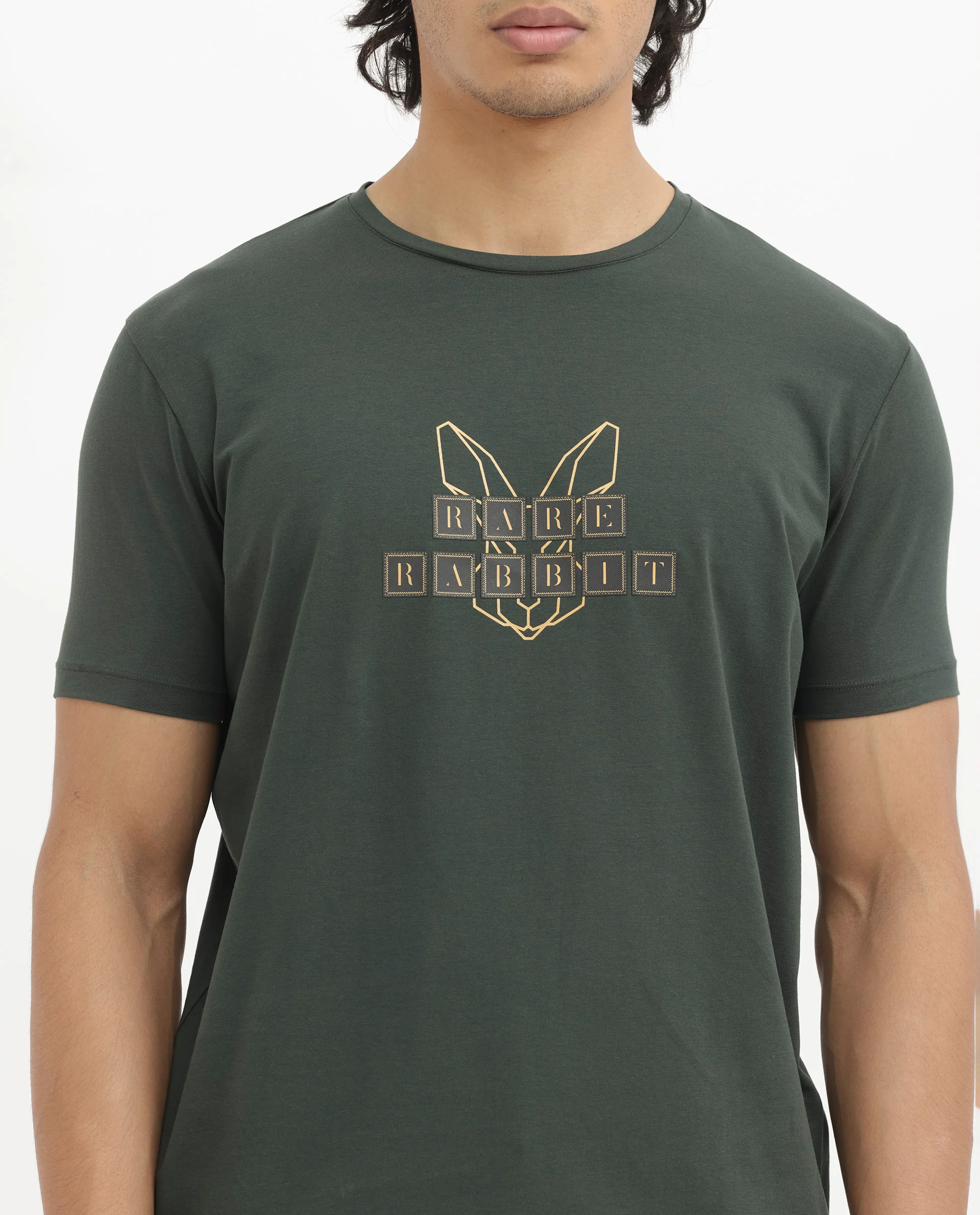 Rare Rabbit Men's Bion Olive Cotton Blend Graphic Print Regular Fit Half Sleeve Crew Neck T-Shirt - Image 5