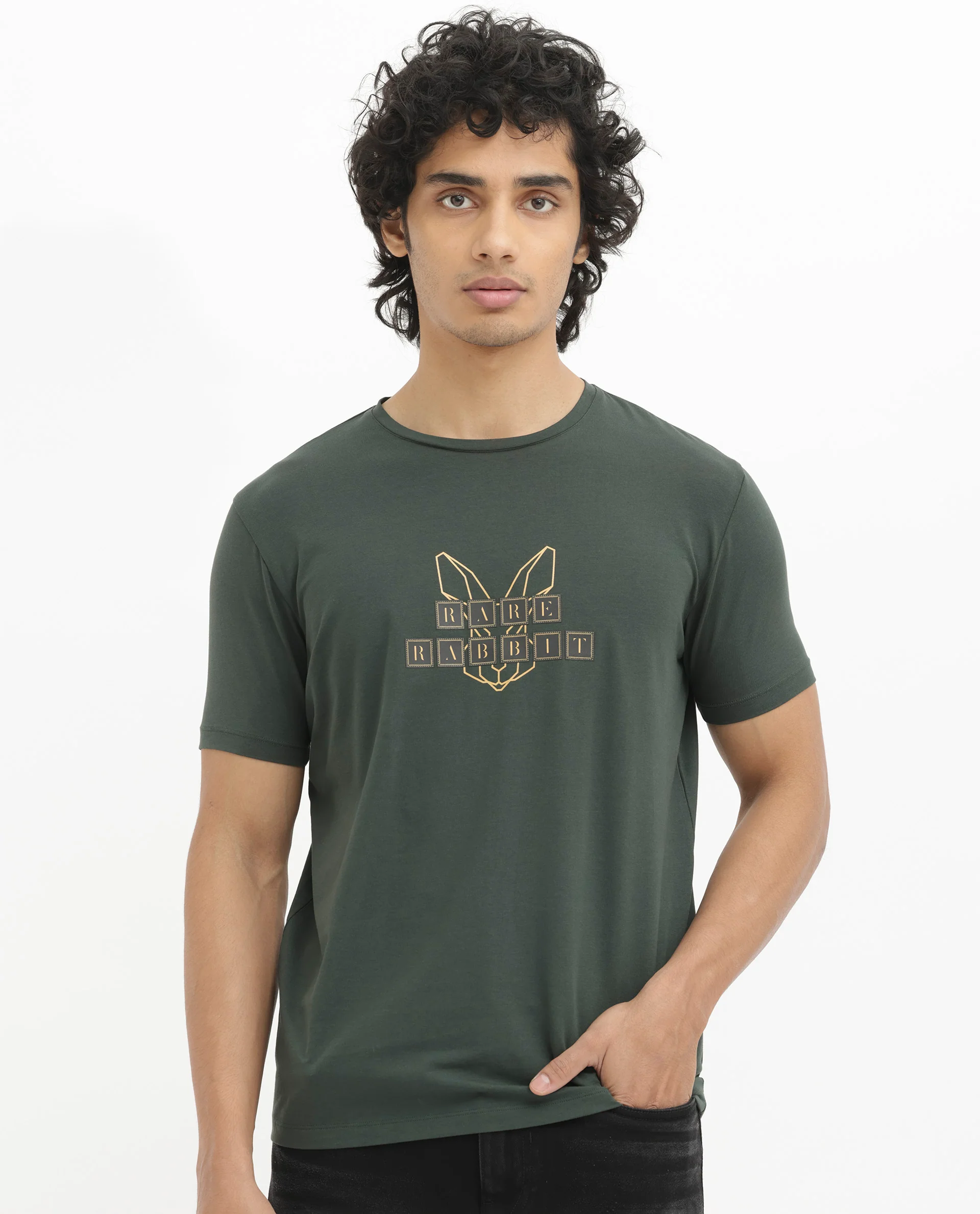 Rare Rabbit Men's Bion Olive Cotton Blend Graphic Print Regular Fit Half Sleeve Crew Neck T-Shirt - Image 9