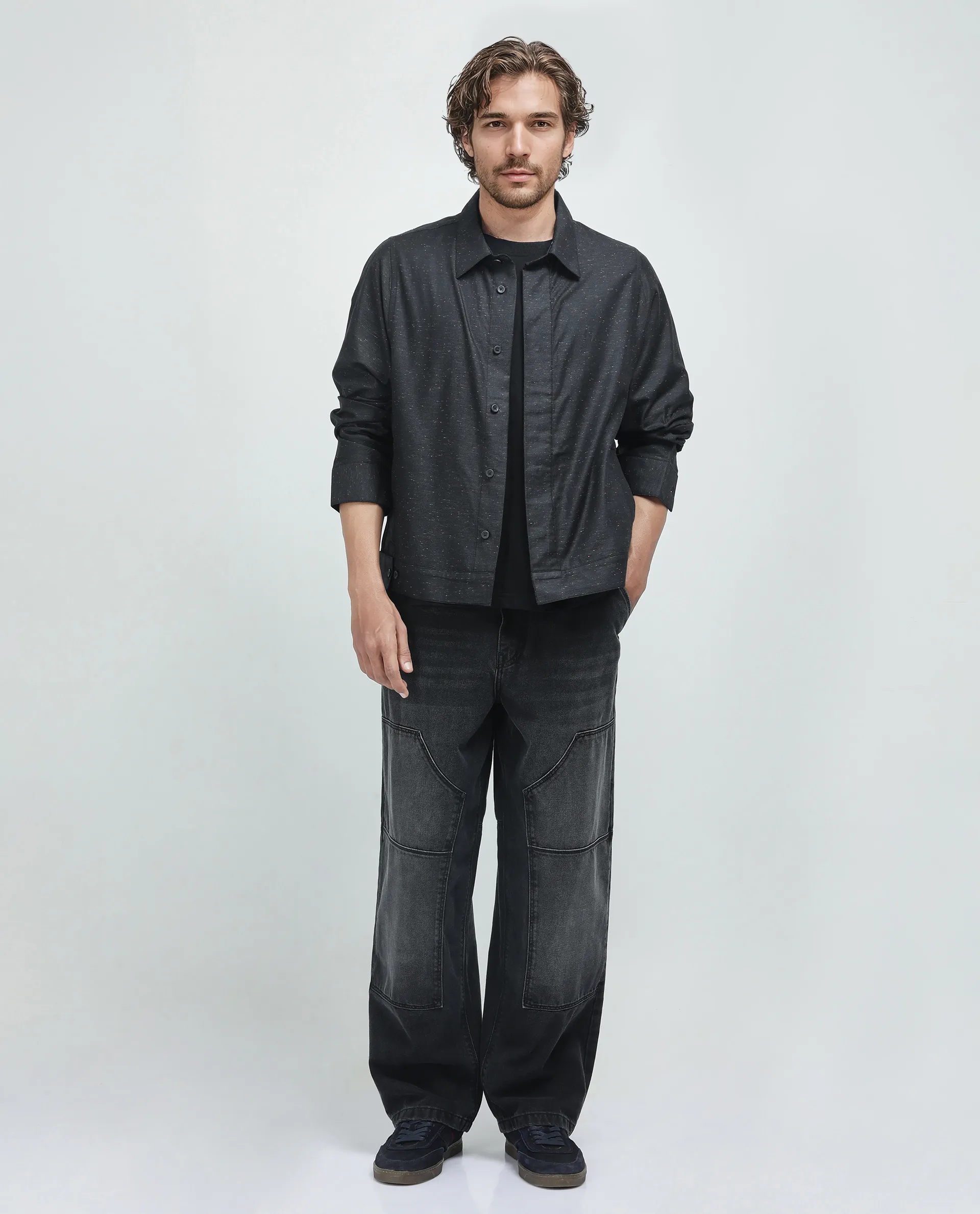 Rare Rabbit Men's Biot-S Black Cotton Blend Plain Relaxed Fit Full Sleeve Collared Shacket - Image 2