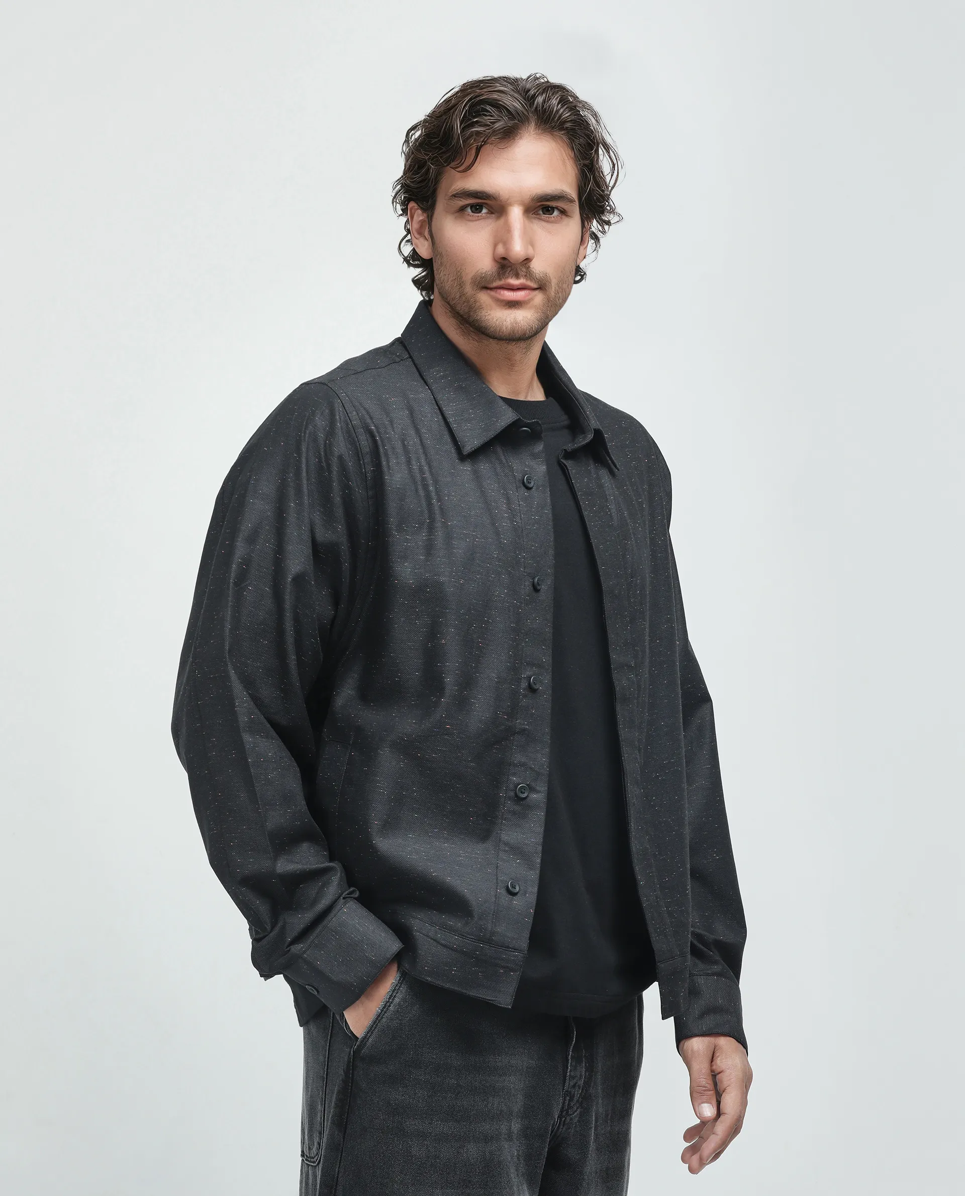 Rare Rabbit Men's Biot-S Black Cotton Blend Plain Relaxed Fit Full Sleeve Collared Shacket - Image 6