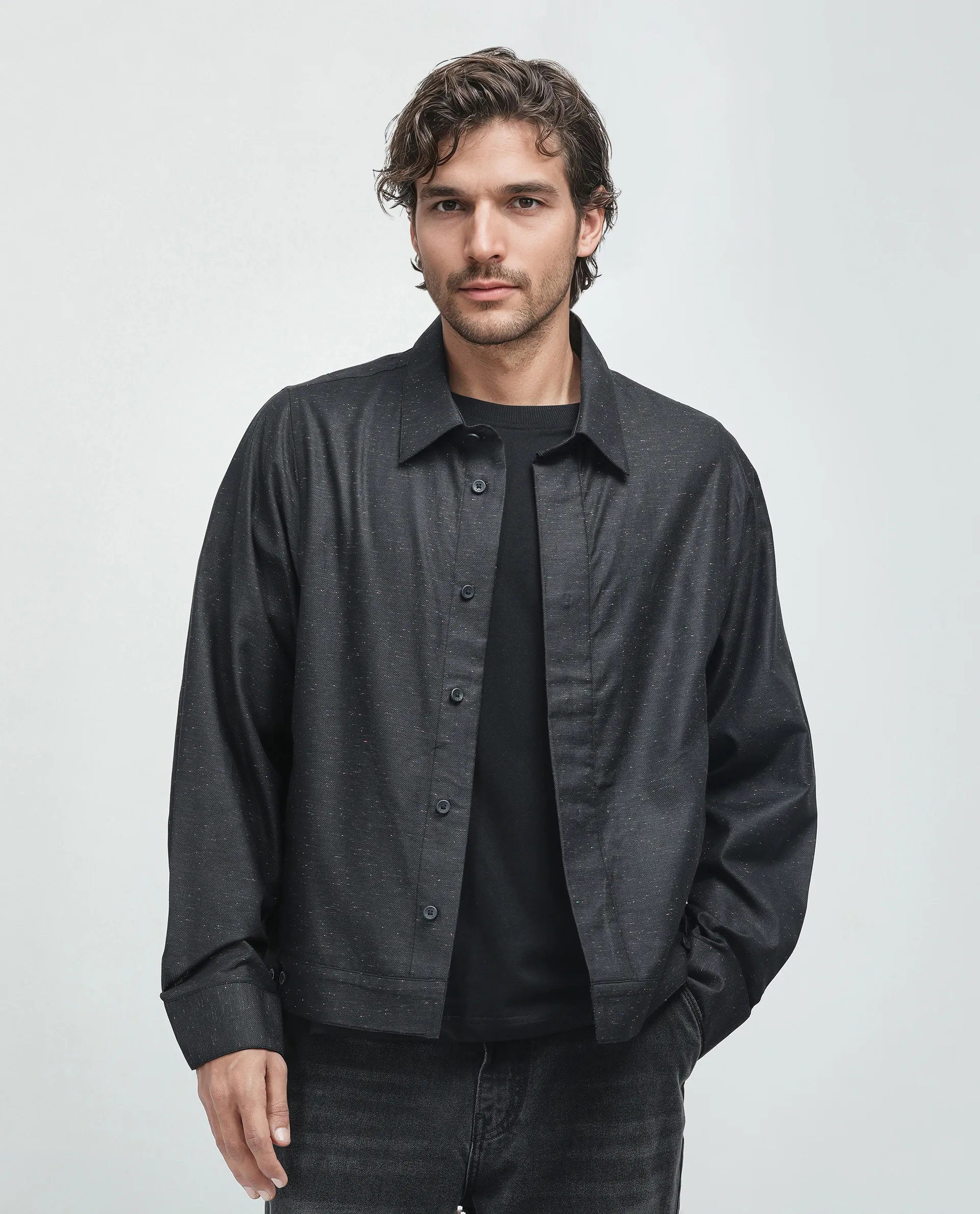 Rare Rabbit Men's Biot-S Black Cotton Blend Plain Relaxed Fit Full Sleeve Collared Shacket - Image 8