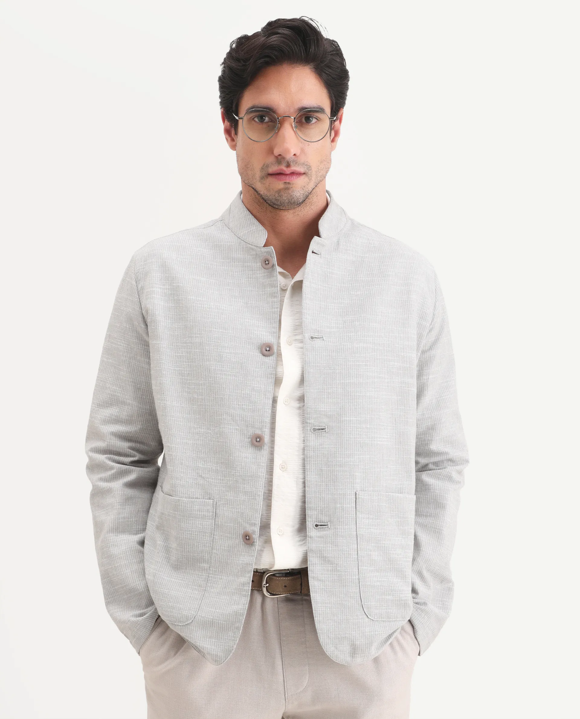 Rare Rabbit Men's Bira-J Light Grey Cotton Blend Fabric Full Sleeve Mandarin Collar Regular Fit Striped Shacket