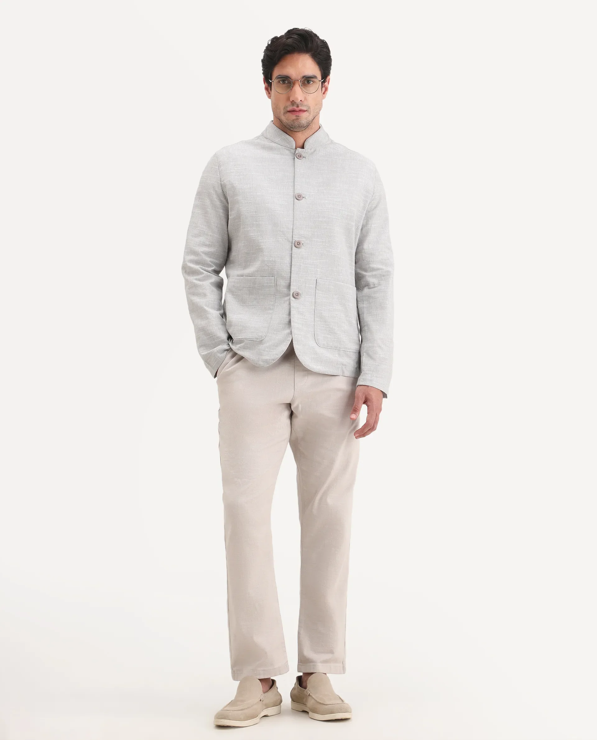 Rare Rabbit Men's Bira-J Light Grey Cotton Blend Fabric Full Sleeve Mandarin Collar Regular Fit Striped Shacket - Image 2
