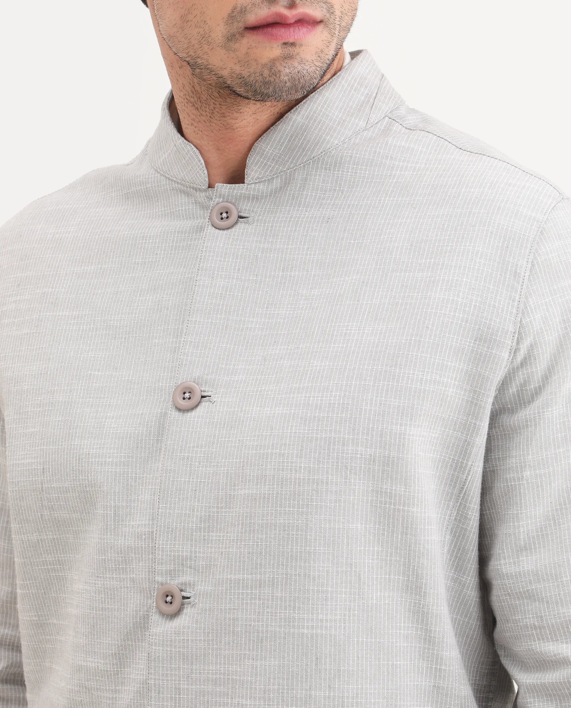 Rare Rabbit Men's Bira-J Light Grey Cotton Blend Fabric Full Sleeve Mandarin Collar Regular Fit Striped Shacket - Image 3
