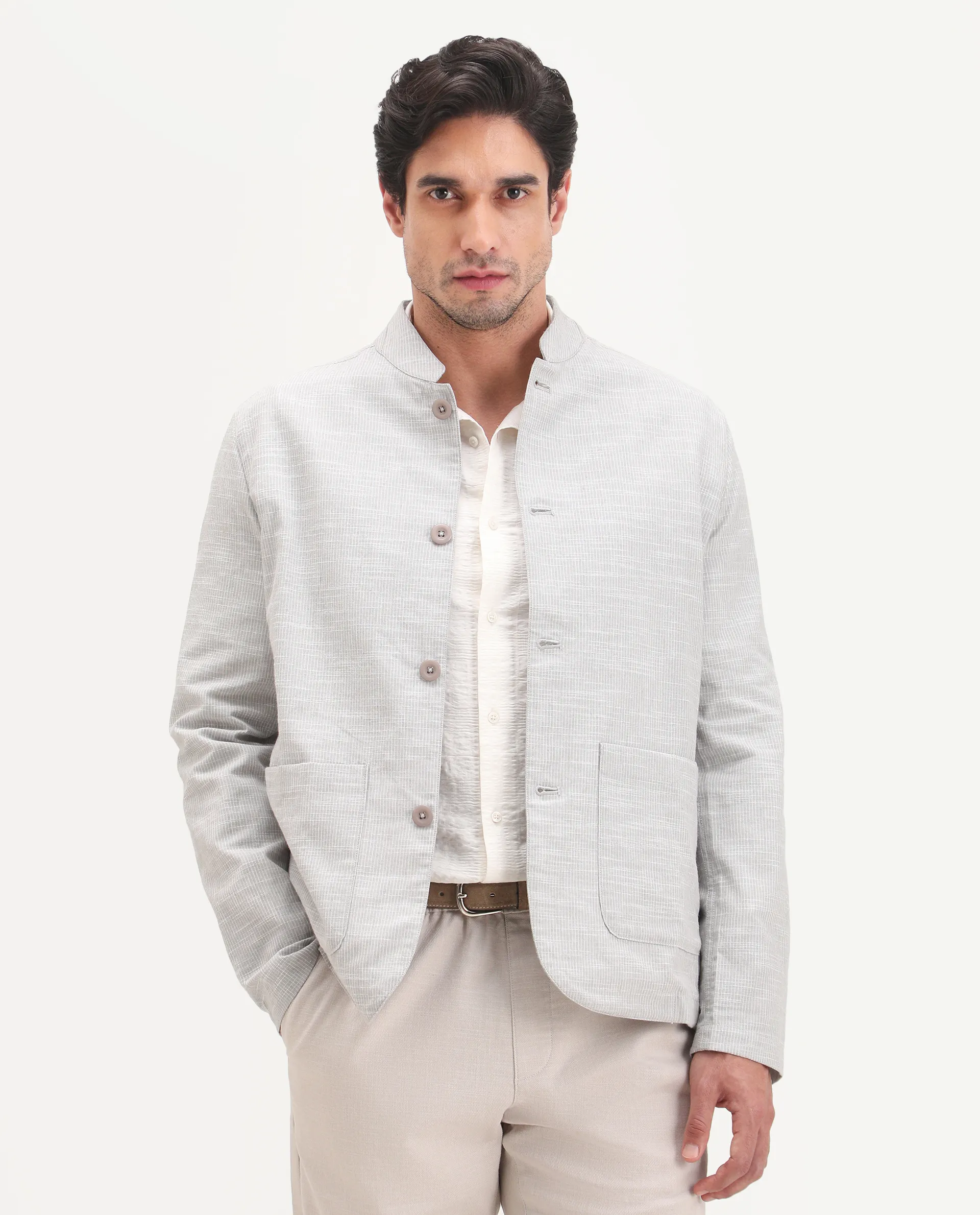Rare Rabbit Men's Bira-J Light Grey Cotton Blend Fabric Full Sleeve Mandarin Collar Regular Fit Striped Shacket - Image 4