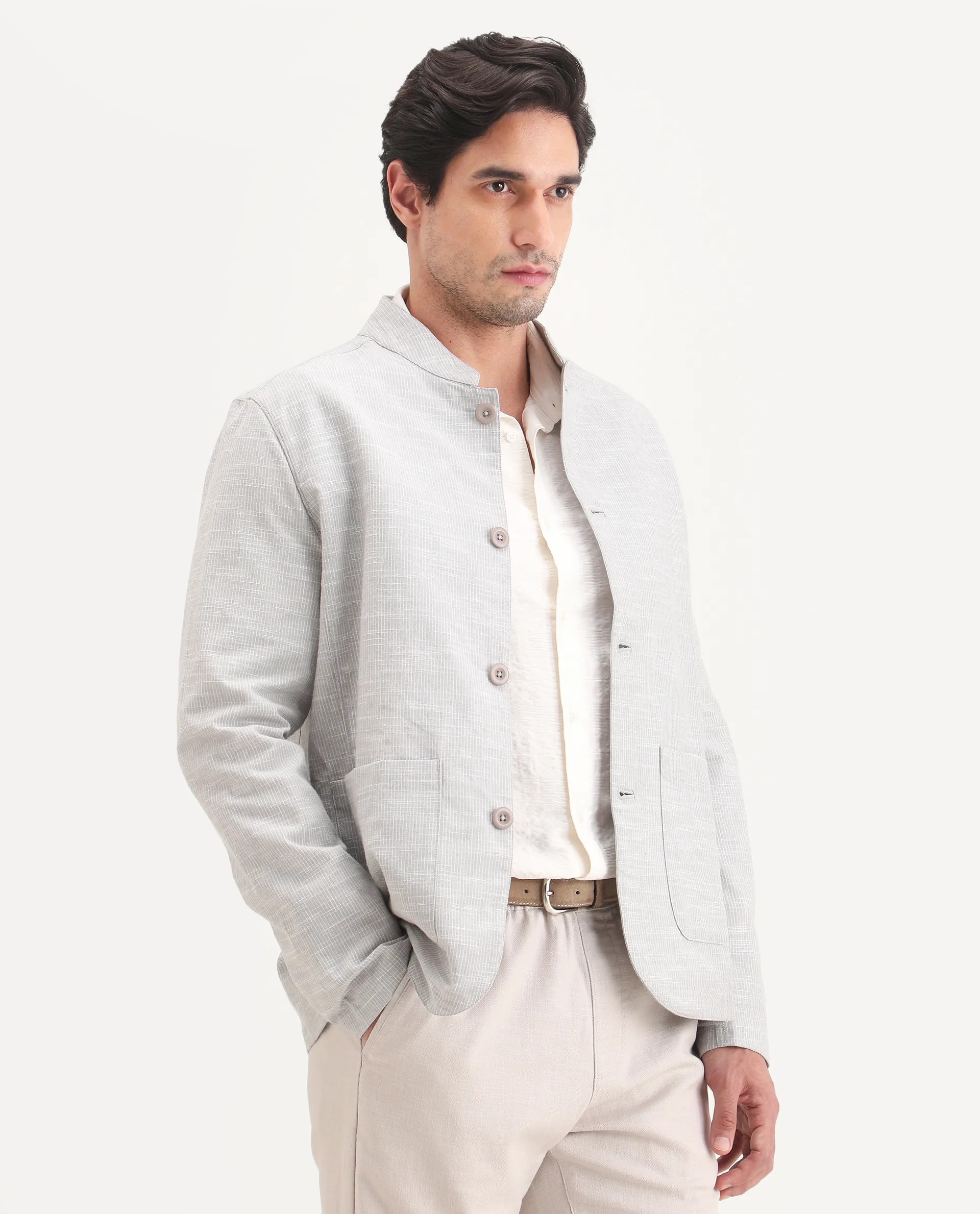 Rare Rabbit Men's Bira-J Light Grey Cotton Blend Fabric Full Sleeve Mandarin Collar Regular Fit Striped Shacket - Image 5