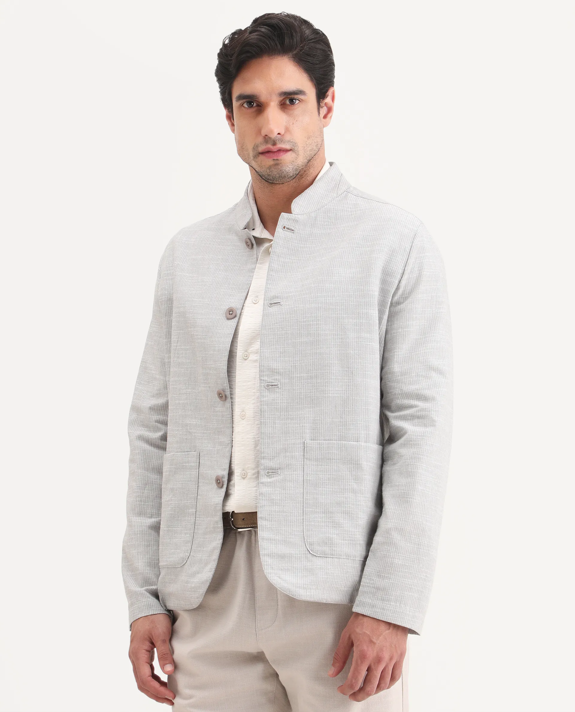Rare Rabbit Men's Bira-J Light Grey Cotton Blend Fabric Full Sleeve Mandarin Collar Regular Fit Striped Shacket - Image 6