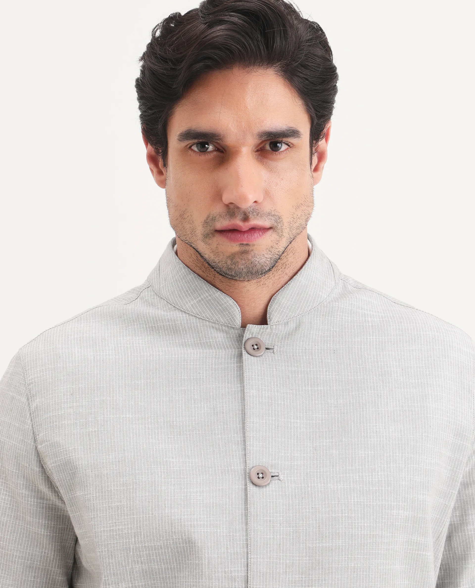 Rare Rabbit Men's Bira-J Light Grey Cotton Blend Fabric Full Sleeve Mandarin Collar Regular Fit Striped Shacket - Image 7