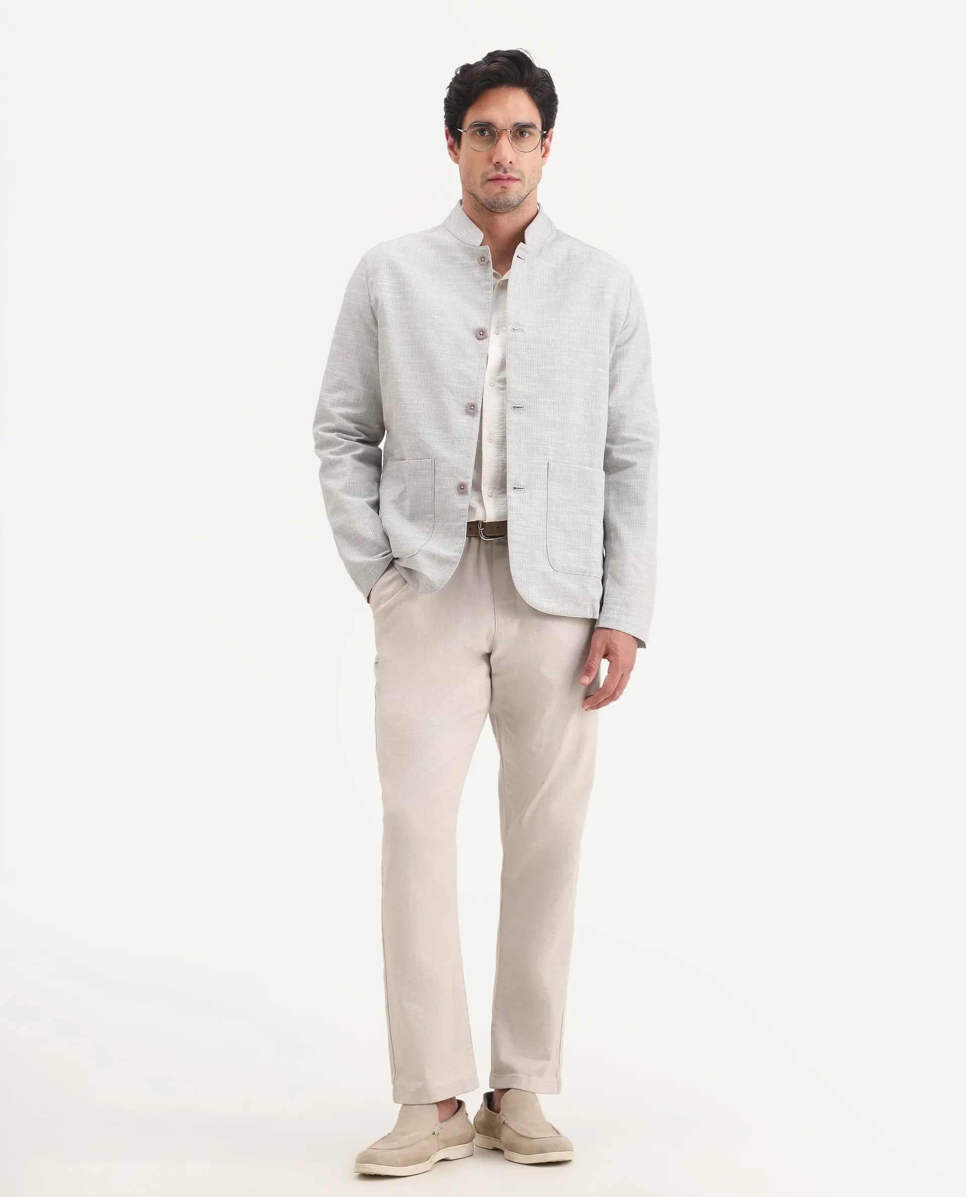 Rare Rabbit Men's Bira-J Light Grey Cotton Blend Fabric Full Sleeve Mandarin Collar Regular Fit Striped Shacket - Image 8