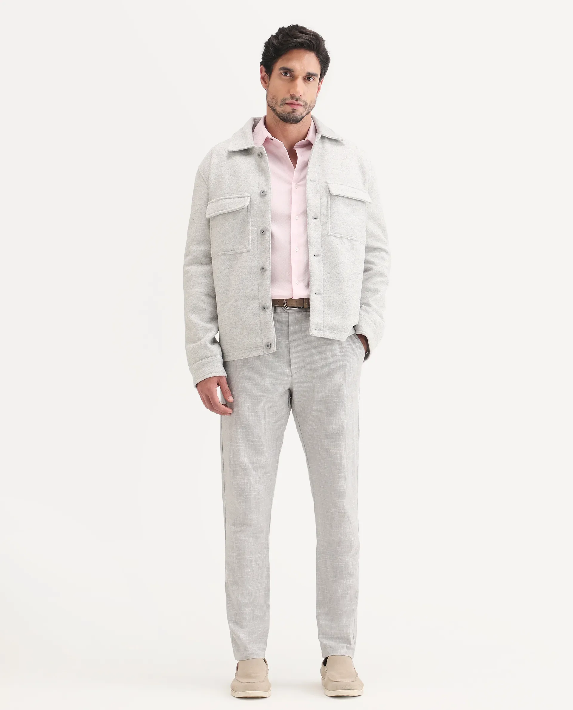 Rare Rabbit Men's Bira Grey Linen Blend Fabric Regular Fit Striped Trouser