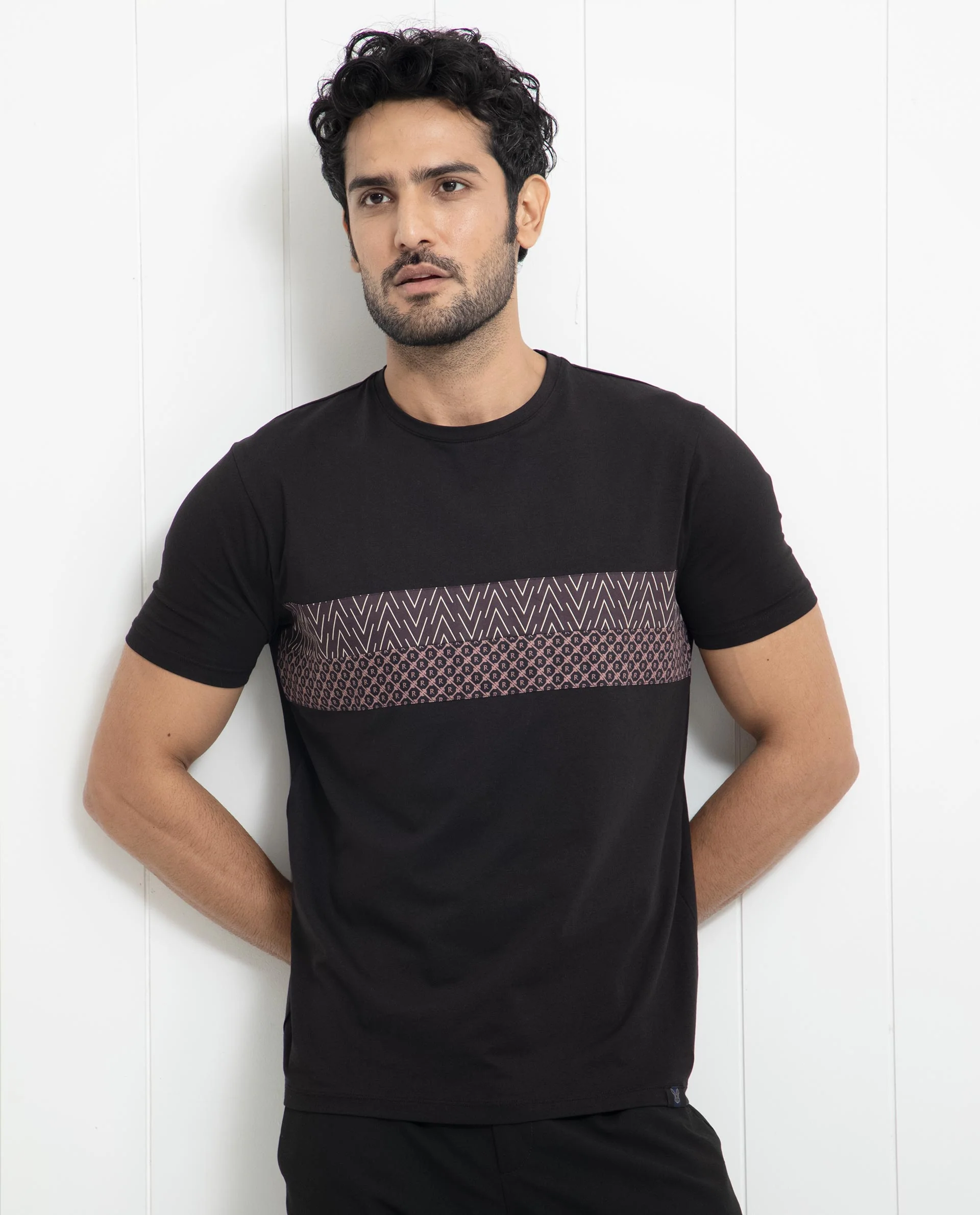 Rare Rabbit Men's Bircher Black Cotton Monogram Print Slim Fit Half Sleeve Crew Neck T-Shirt - Image 3