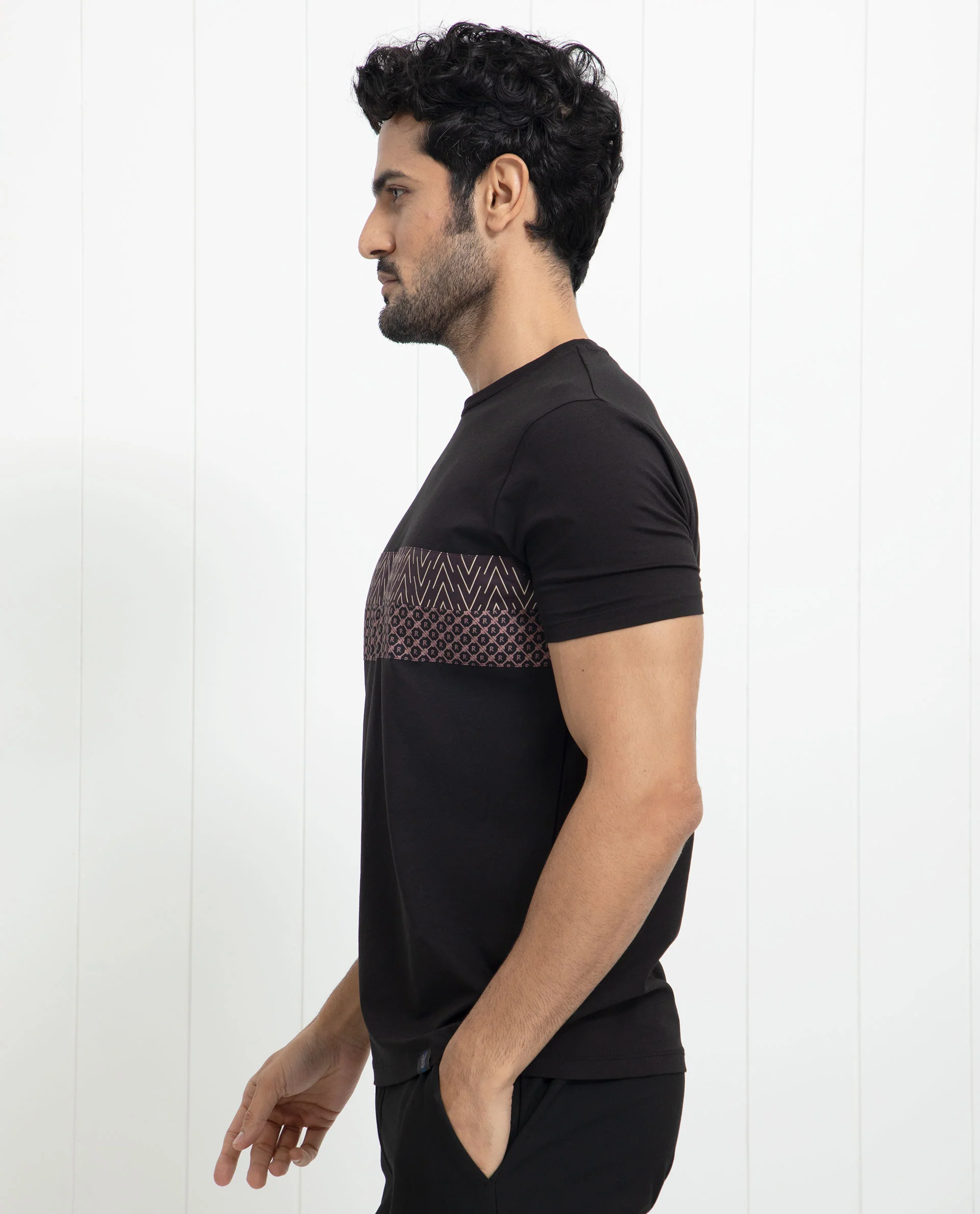 Rare Rabbit Men's Bircher Black Cotton Monogram Print Slim Fit Half Sleeve Crew Neck T-Shirt - Image 5