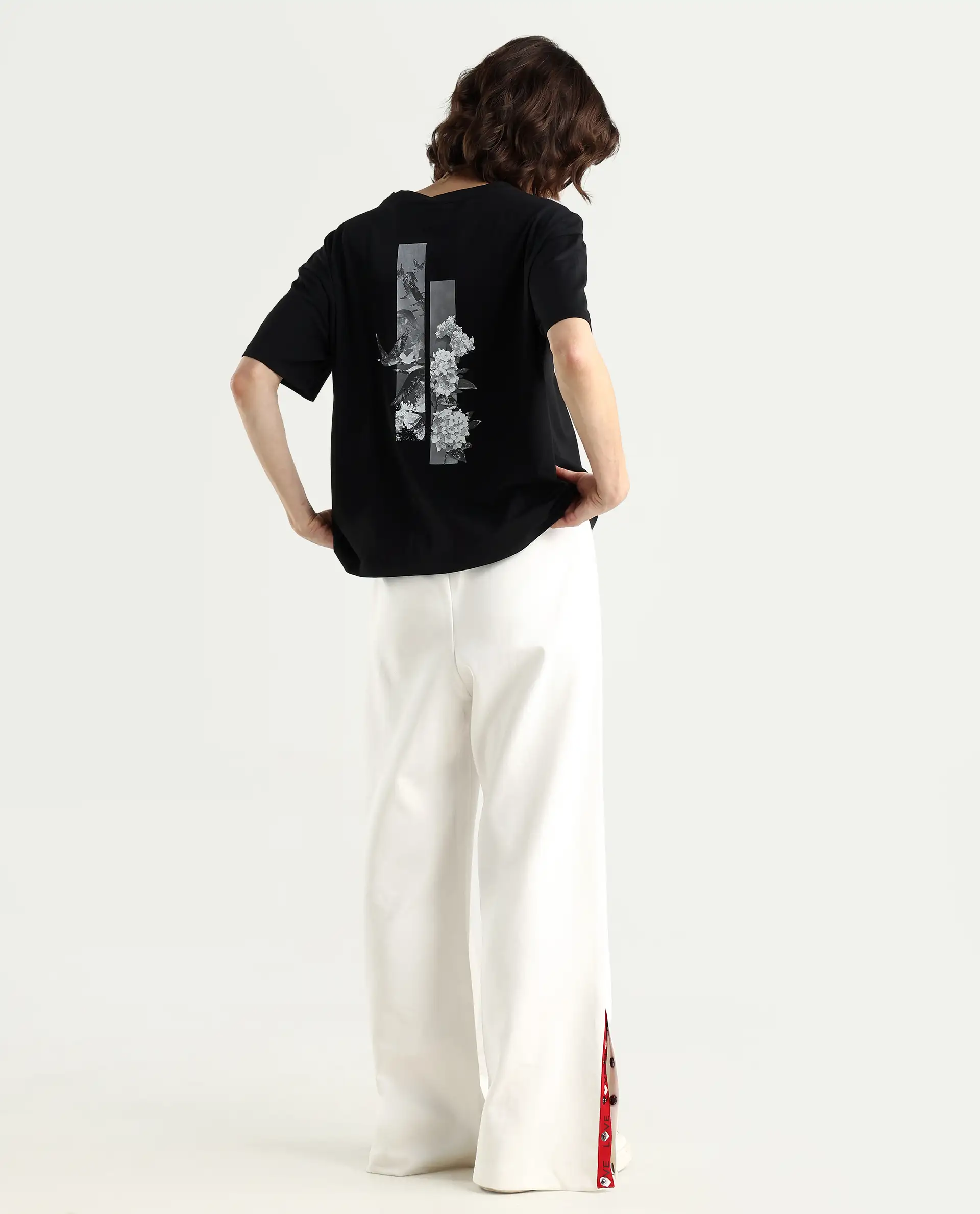 Rareism Women's Birdy Black Cotton Blend Crew Neck Graphic Print Boxy Fit T-Shirt - Image 2