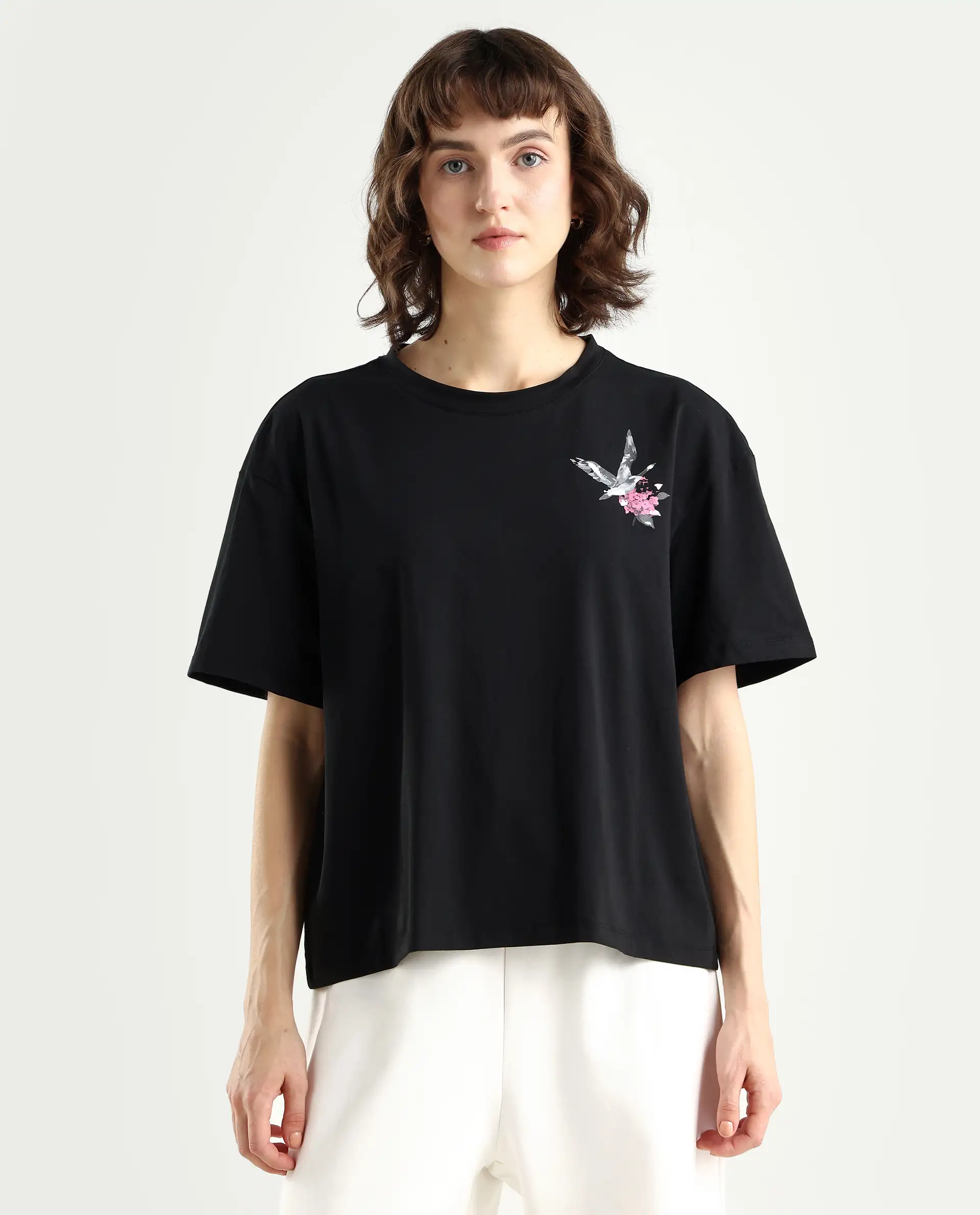 Rareism Women's Birdy Black Cotton Blend Crew Neck Graphic Print Boxy Fit T-Shirt - Image 3