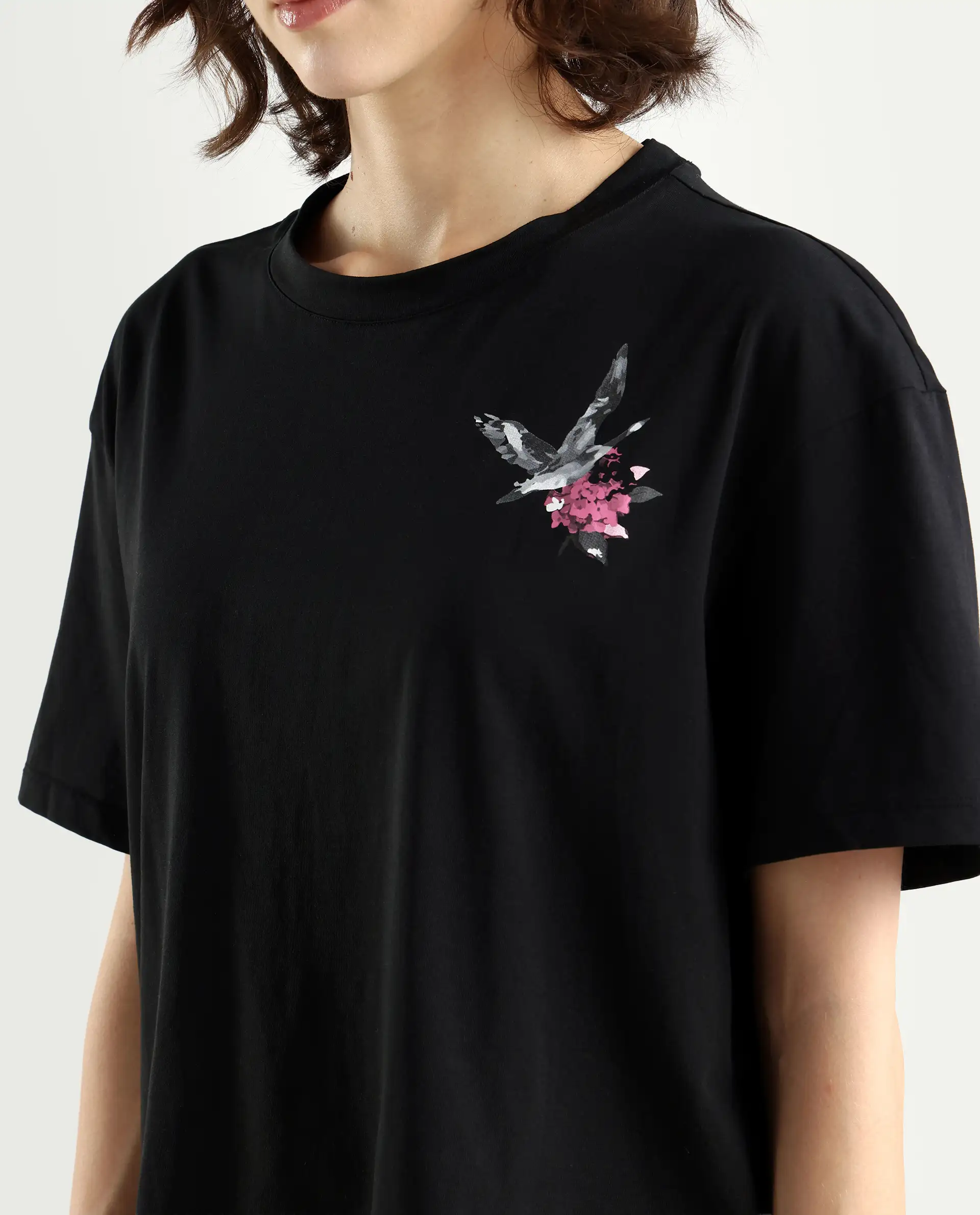 Rareism Women's Birdy Black Cotton Blend Crew Neck Graphic Print Boxy Fit T-Shirt - Image 4