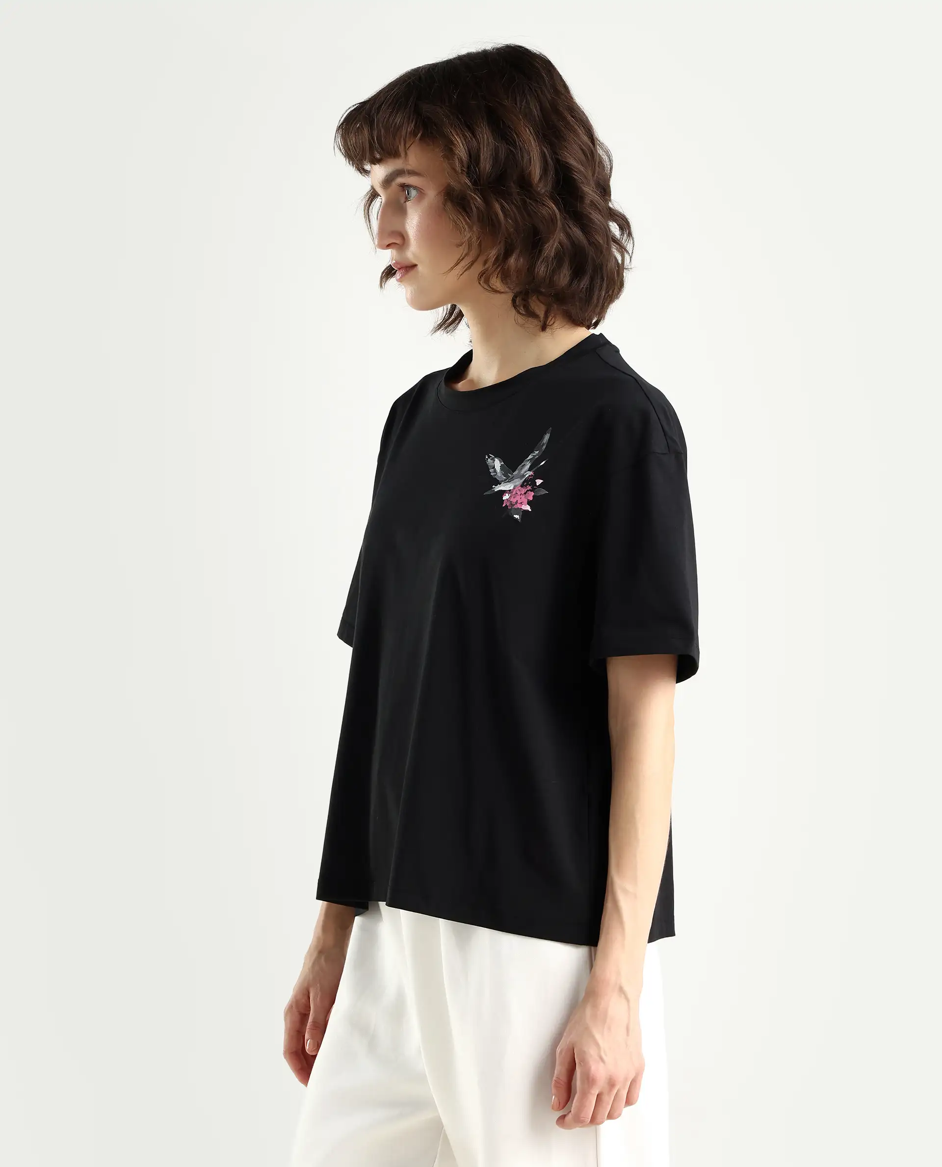 Rareism Women's Birdy Black Cotton Blend Crew Neck Graphic Print Boxy Fit T-Shirt - Image 5