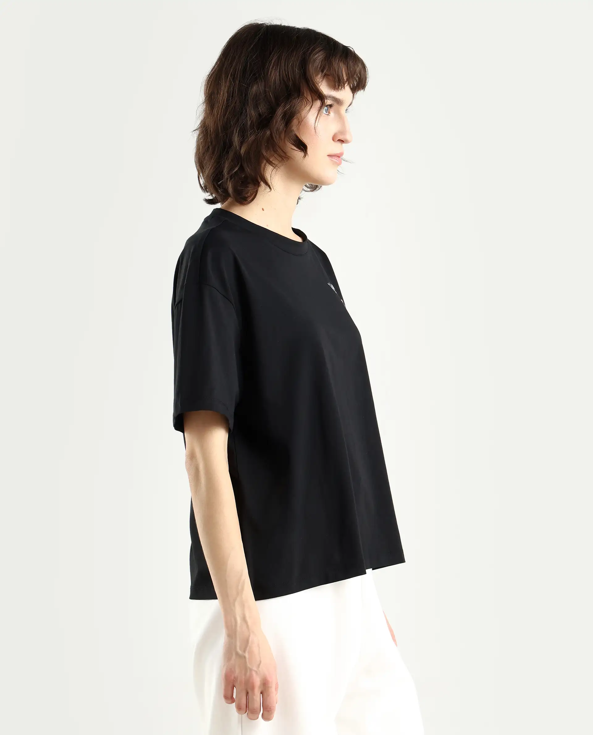Rareism Women's Birdy Black Cotton Blend Crew Neck Graphic Print Boxy Fit T-Shirt - Image 6