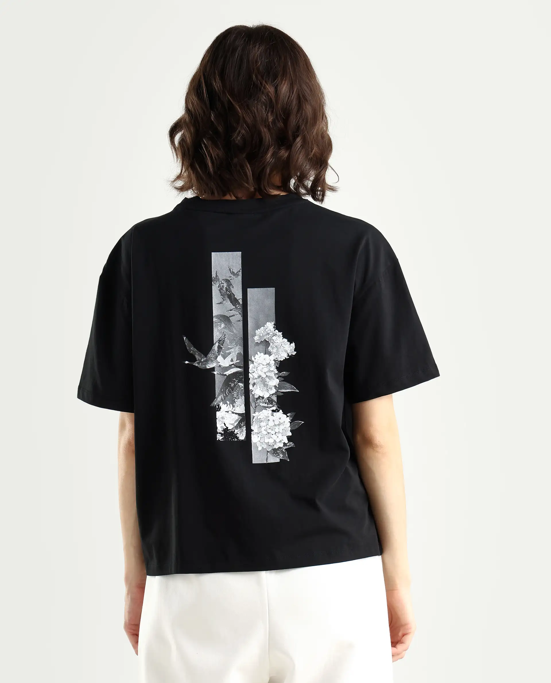 Rareism Women's Birdy Black Cotton Blend Crew Neck Graphic Print Boxy Fit T-Shirt - Image 7