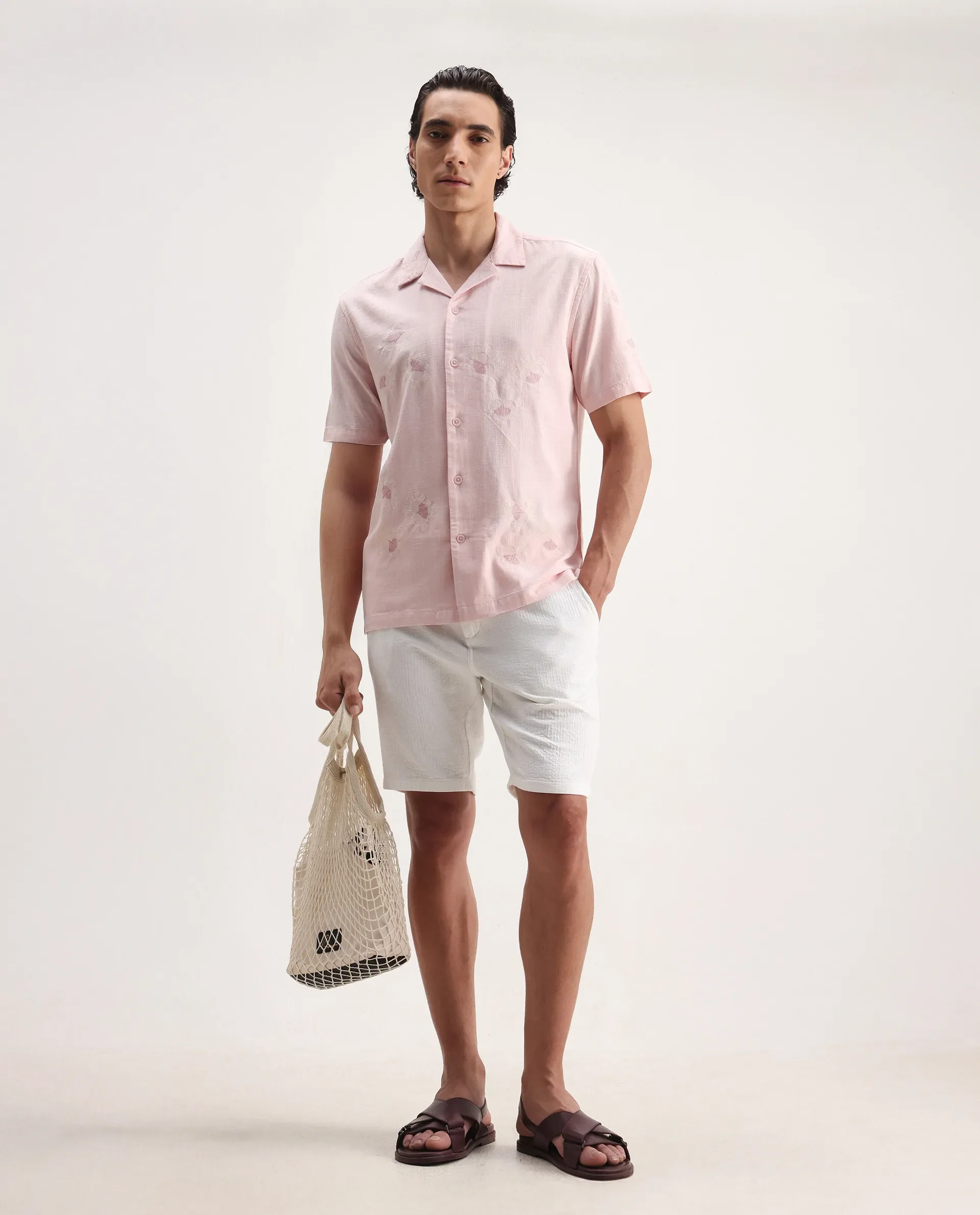 Rare Rabbit Men's Birk Pink Cotton Blend Embroidered Boxy Fit Half Sleeve Cuban Collar Shirt - Image 2