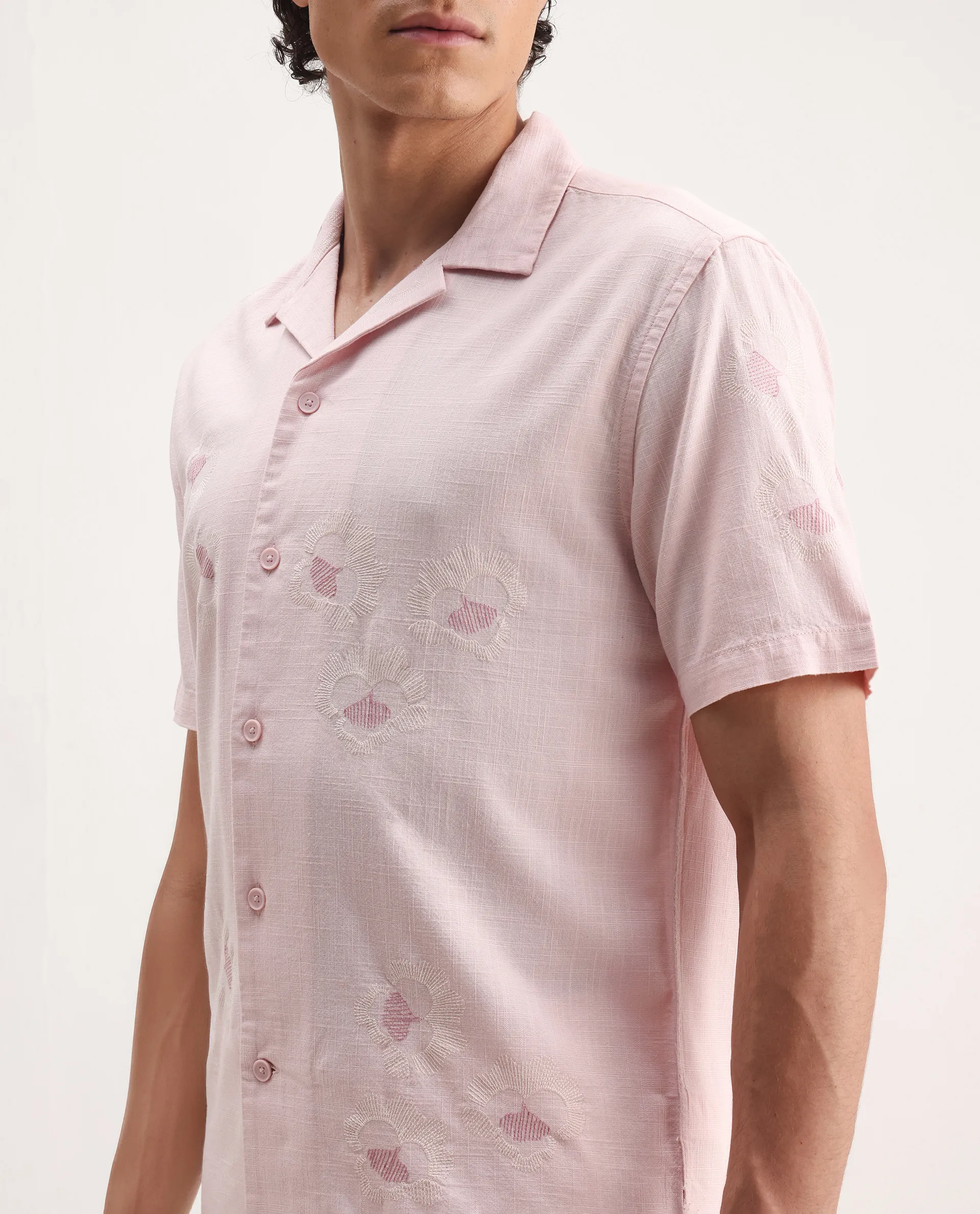 Rare Rabbit Men's Birk Pink Cotton Blend Embroidered Boxy Fit Half Sleeve Cuban Collar Shirt - Image 3