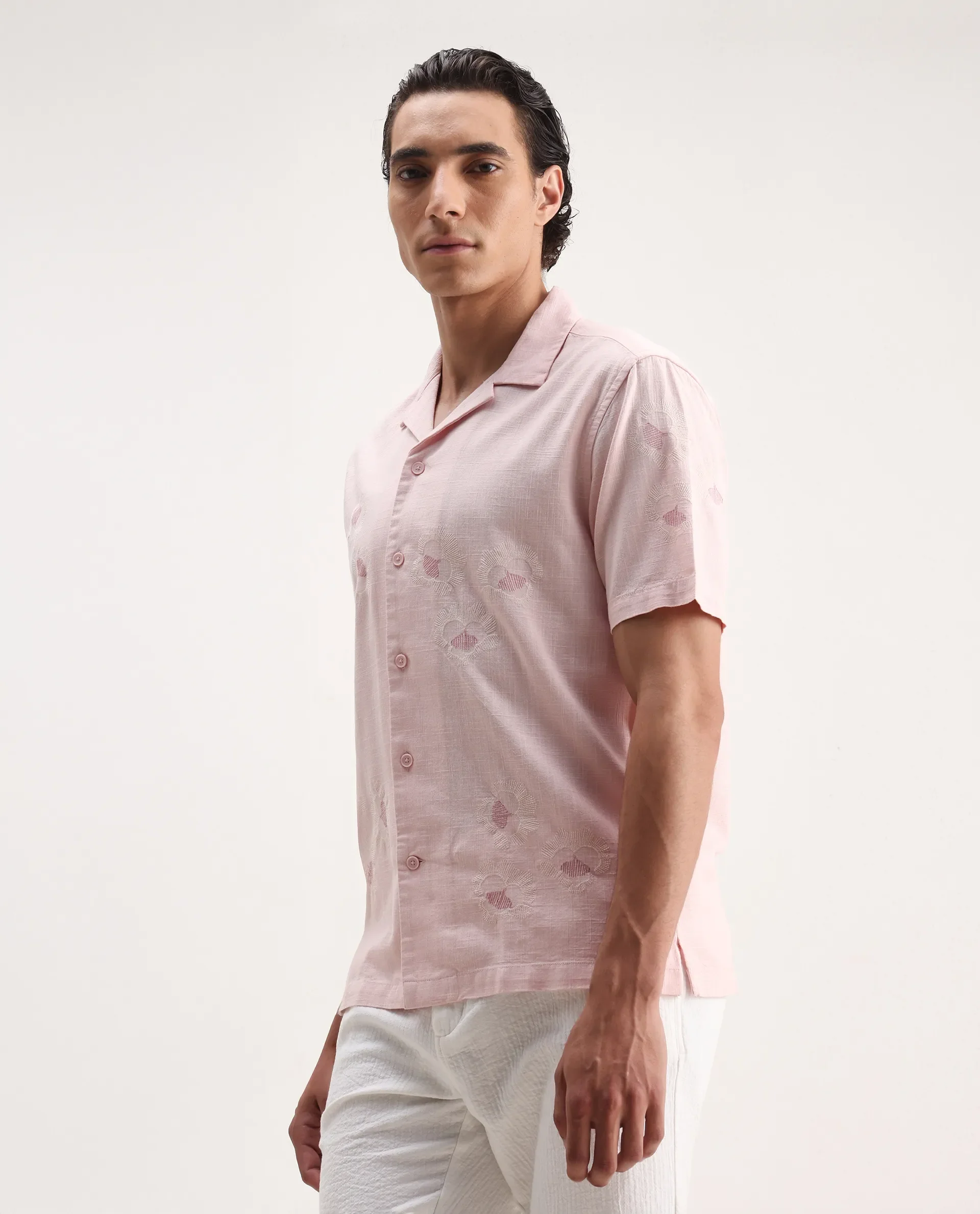 Rare Rabbit Men's Birk Pink Cotton Blend Embroidered Boxy Fit Half Sleeve Cuban Collar Shirt - Image 4