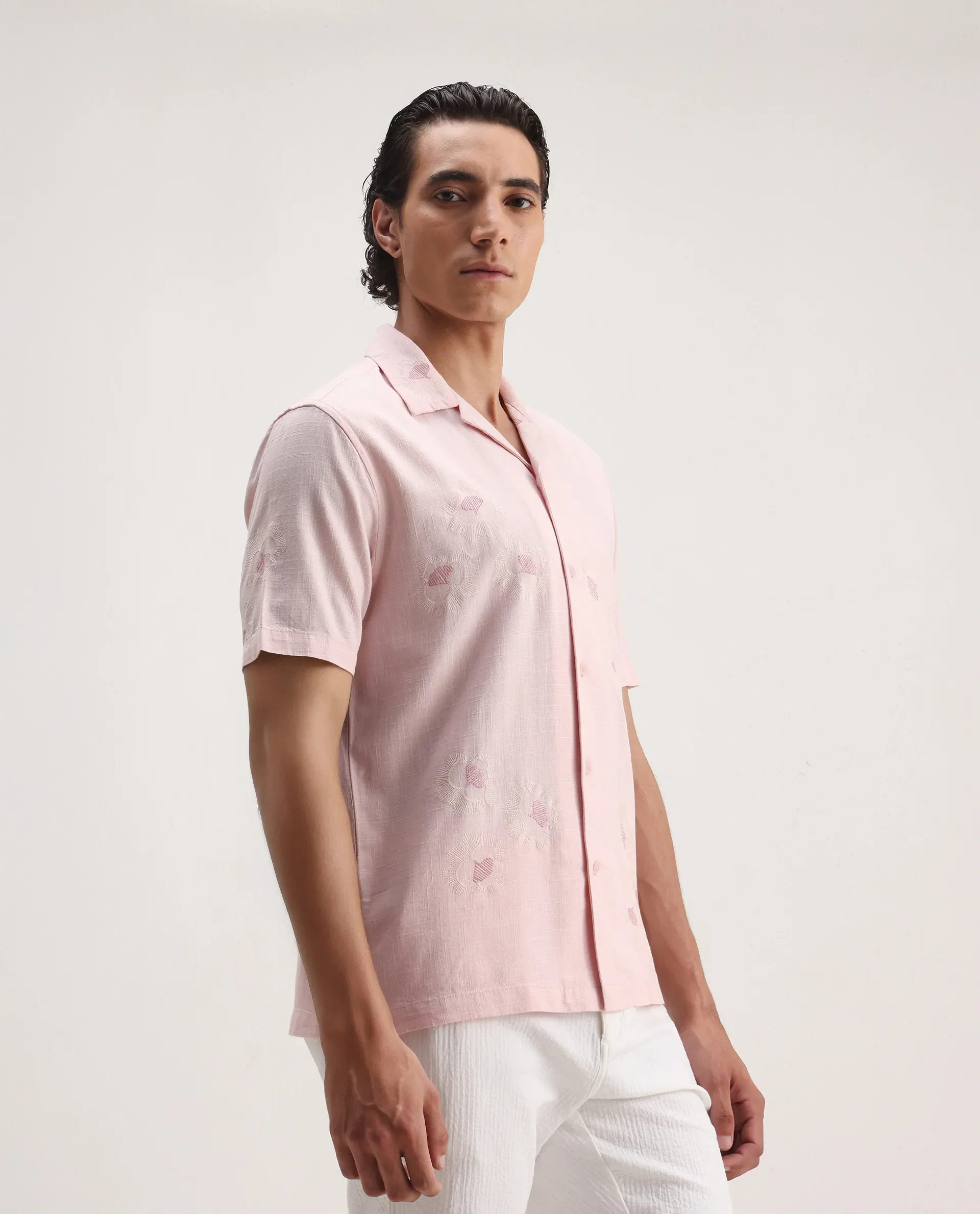 Rare Rabbit Men's Birk Pink Cotton Blend Embroidered Boxy Fit Half Sleeve Cuban Collar Shirt - Image 5