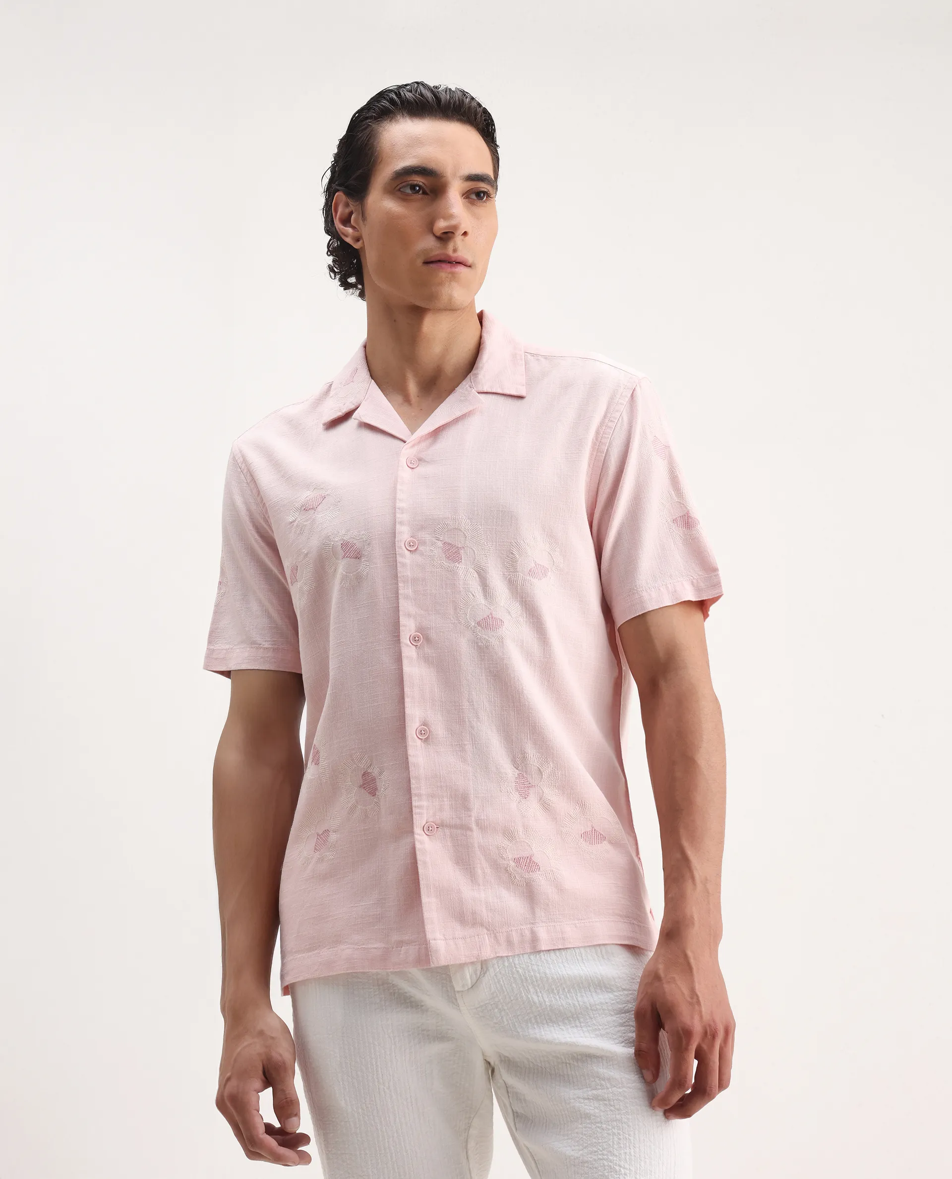Rare Rabbit Men's Birk Pink Cotton Blend Embroidered Boxy Fit Half Sleeve Cuban Collar Shirt - Image 6