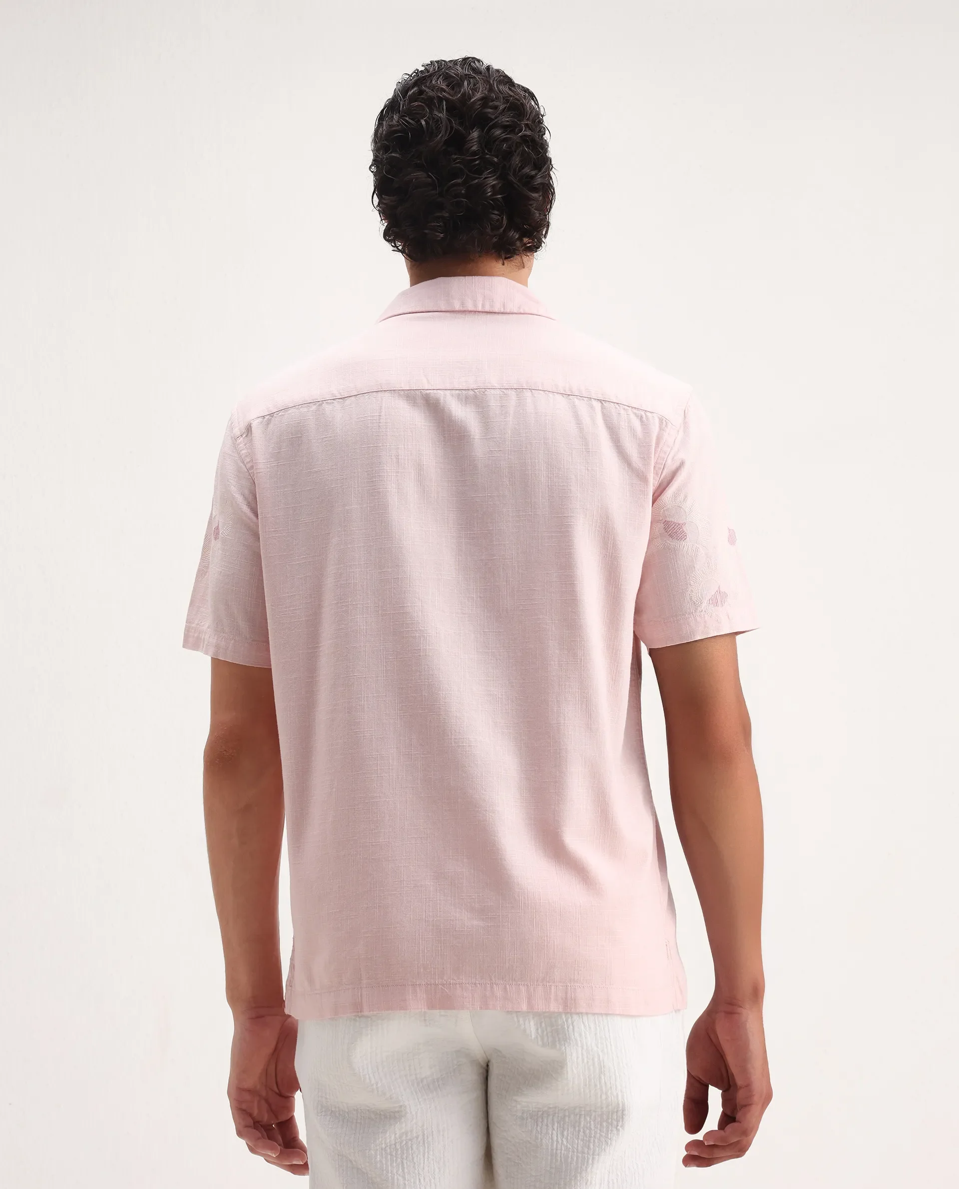 Rare Rabbit Men's Birk Pink Cotton Blend Embroidered Boxy Fit Half Sleeve Cuban Collar Shirt - Image 7