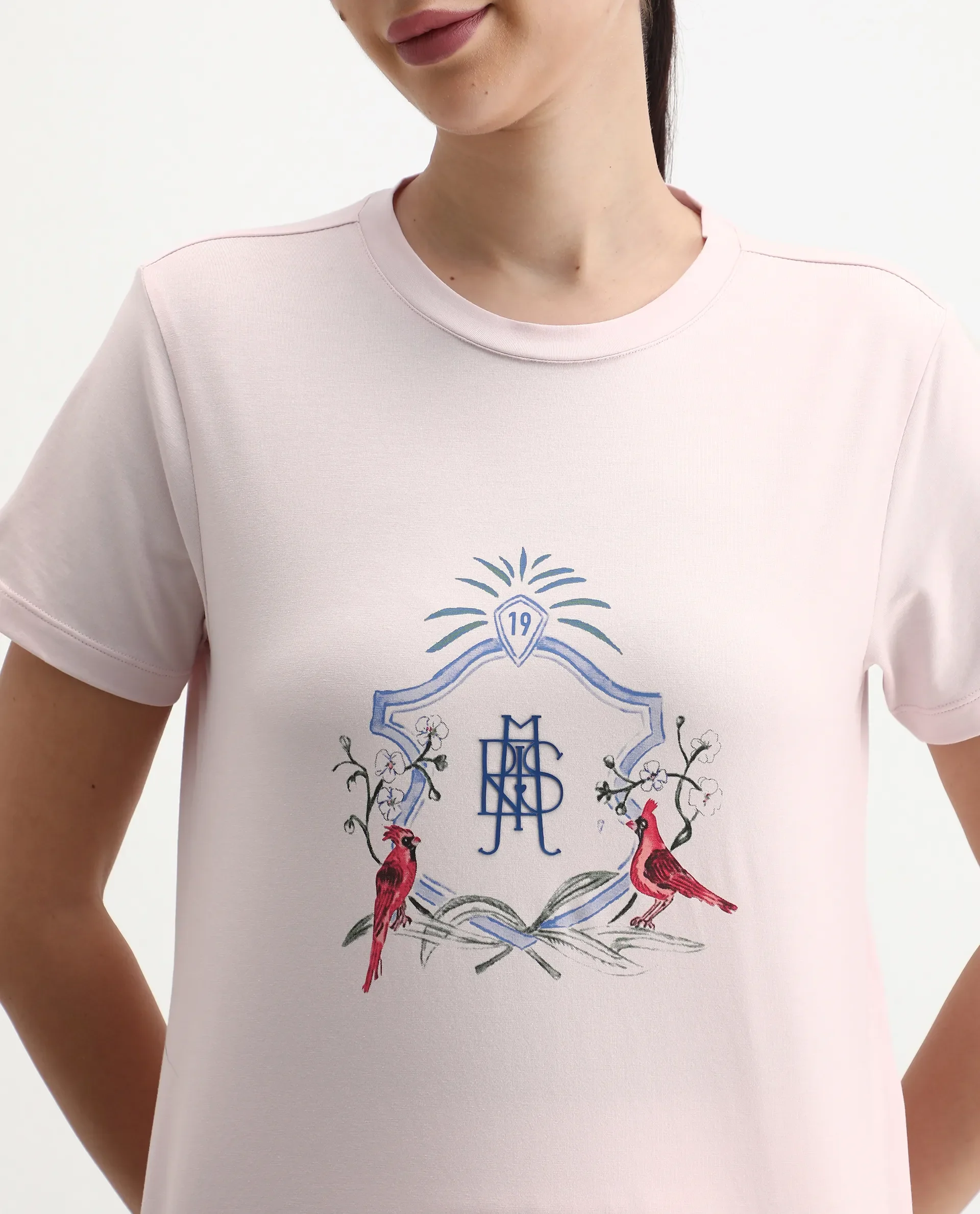 Rareism Women's Birk Light Pink Cotton Blend Crew Neck Regular Fit T-Shirt - Image 3