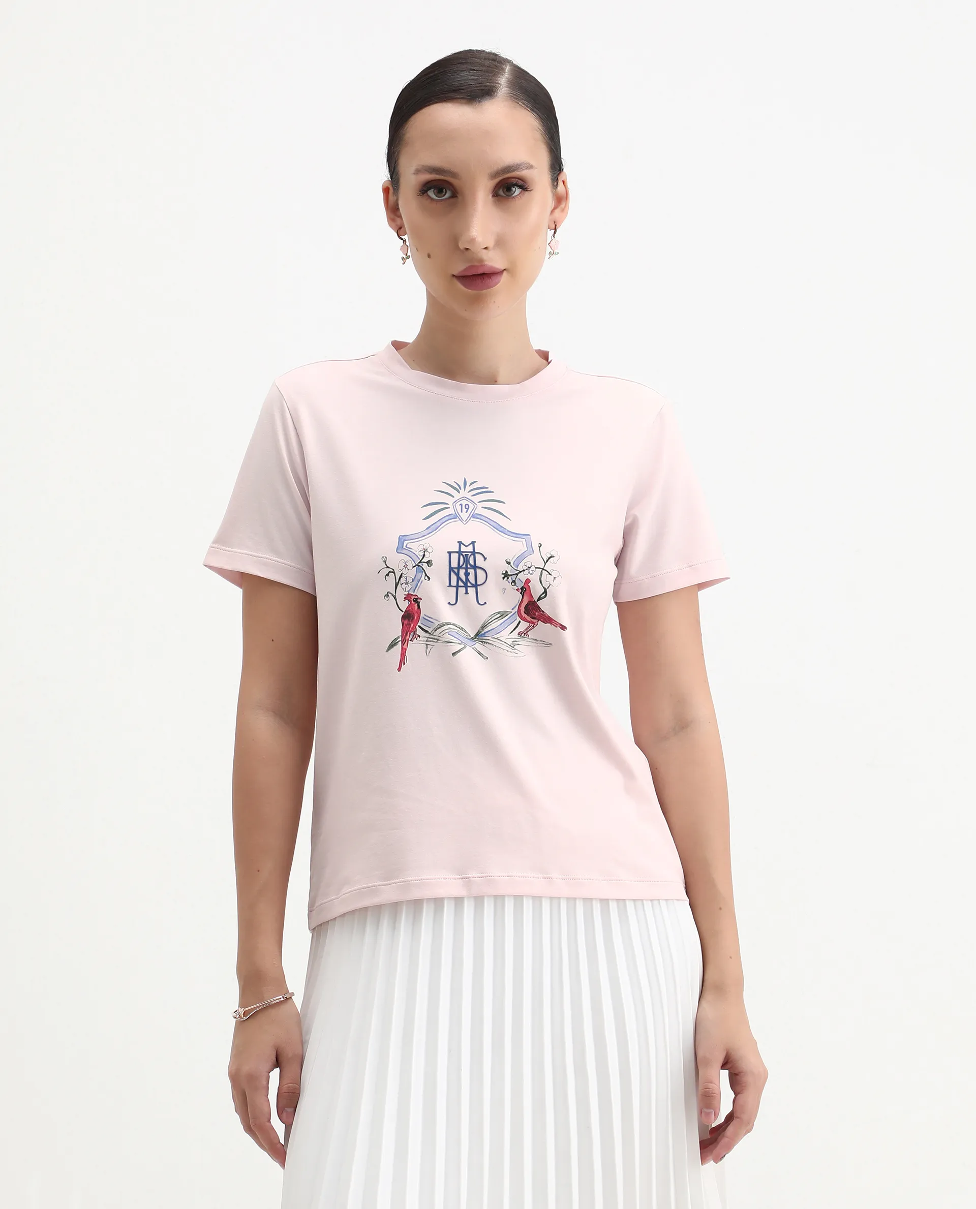 Rareism Women's Birk Light Pink Cotton Blend Crew Neck Regular Fit T-Shirt - Image 4