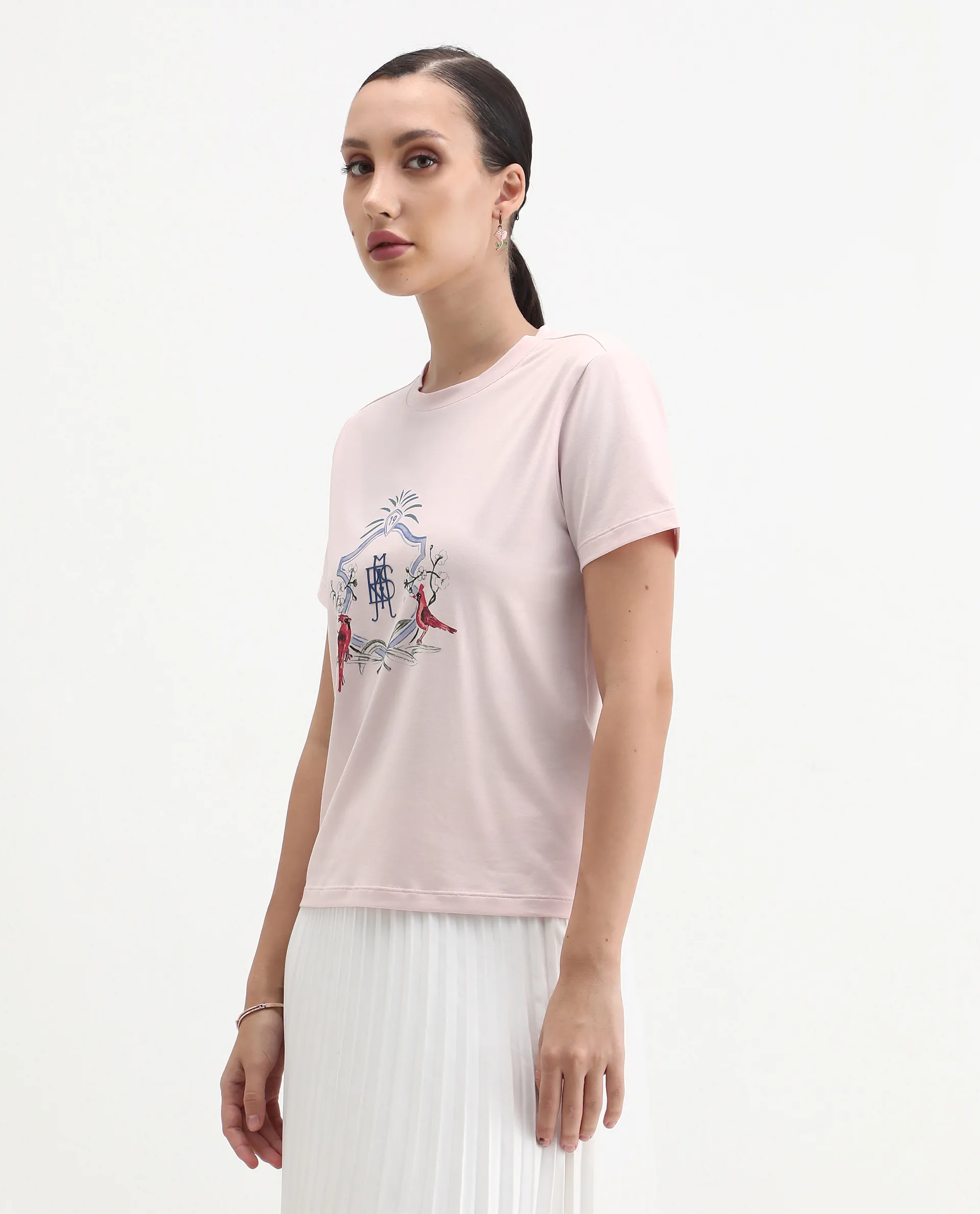 Rareism Women's Birk Light Pink Cotton Blend Crew Neck Regular Fit T-Shirt - Image 5
