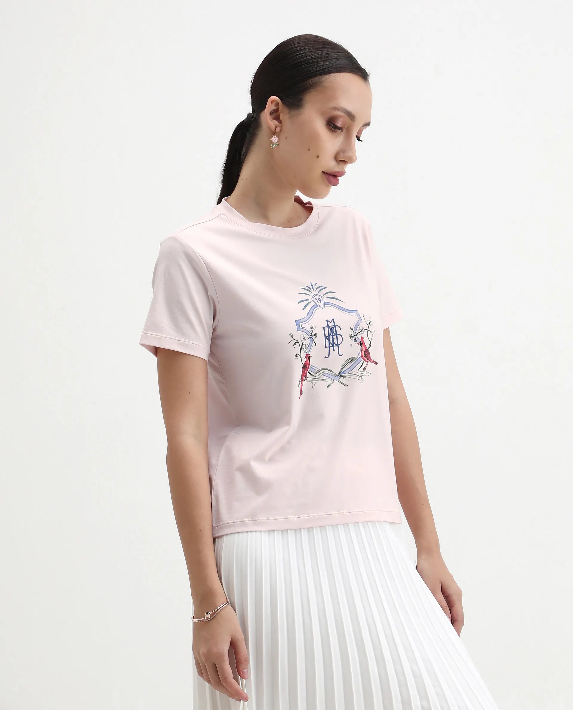 Rareism Women's Birk Light Pink Cotton Blend Crew Neck Regular Fit T-Shirt - Image 6