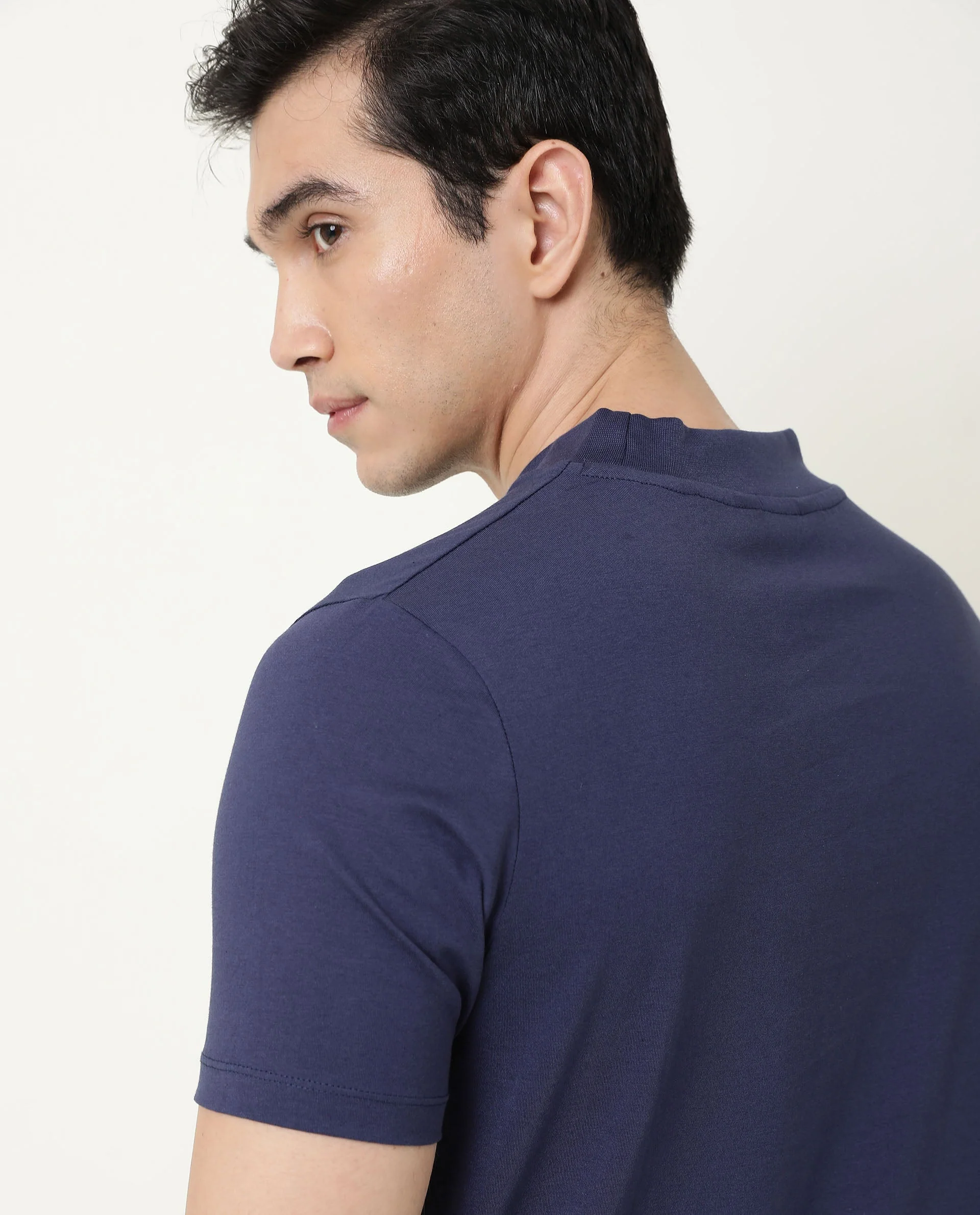 Rare Rabbit Men's Bit Navy Cotton Plain Slim Fit Half Sleeve High Neck T-Shirt - Image 10