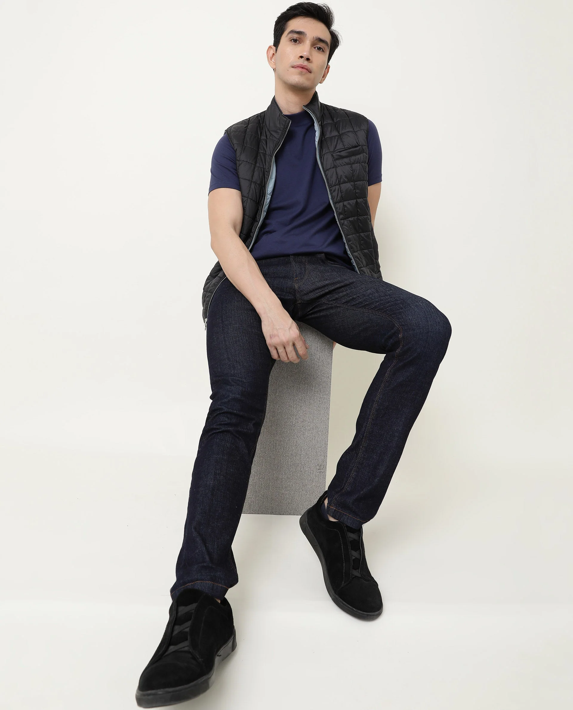 Rare Rabbit Men's Bit Navy Cotton Plain Slim Fit Half Sleeve High Neck T-Shirt - Image 2