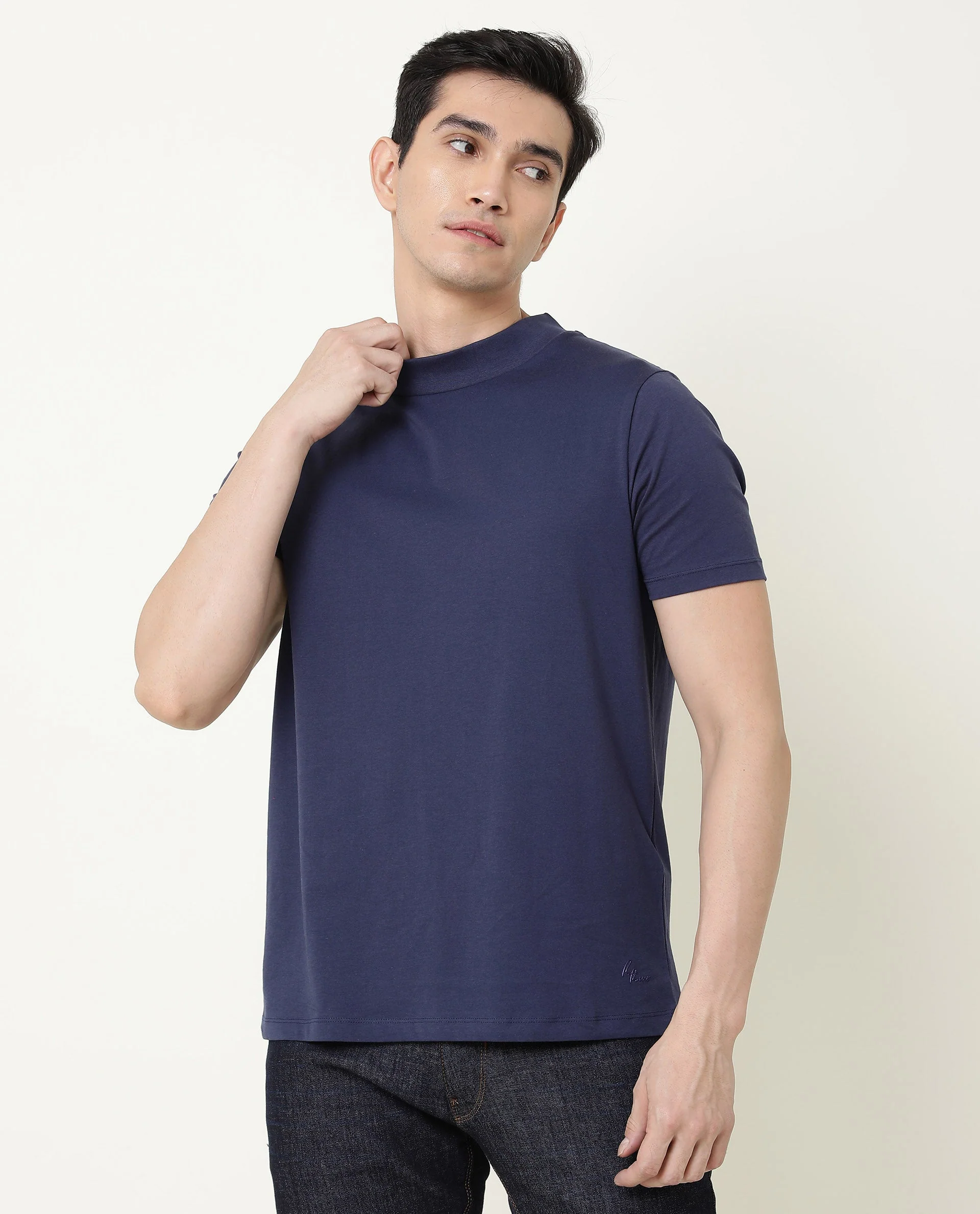 Rare Rabbit Men's Bit Navy Cotton Plain Slim Fit Half Sleeve High Neck T-Shirt - Image 3