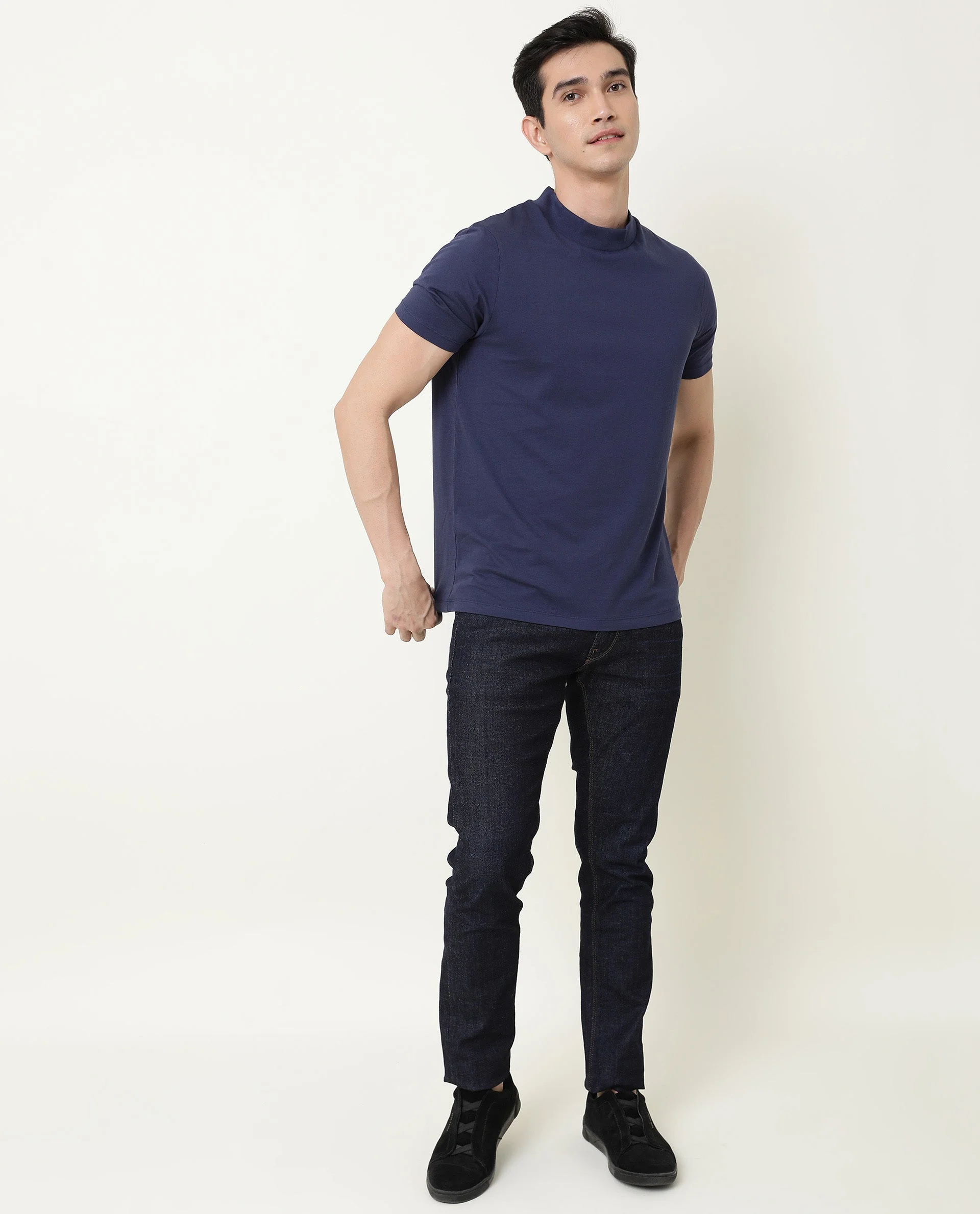 Rare Rabbit Men's Bit Navy Cotton Plain Slim Fit Half Sleeve High Neck T-Shirt - Image 4