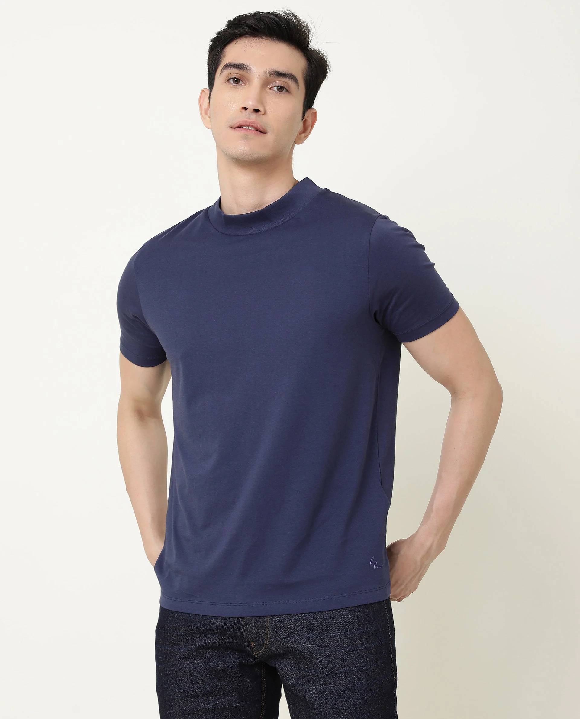 Rare Rabbit Men's Bit Navy Cotton Plain Slim Fit Half Sleeve High Neck T-Shirt - Image 5