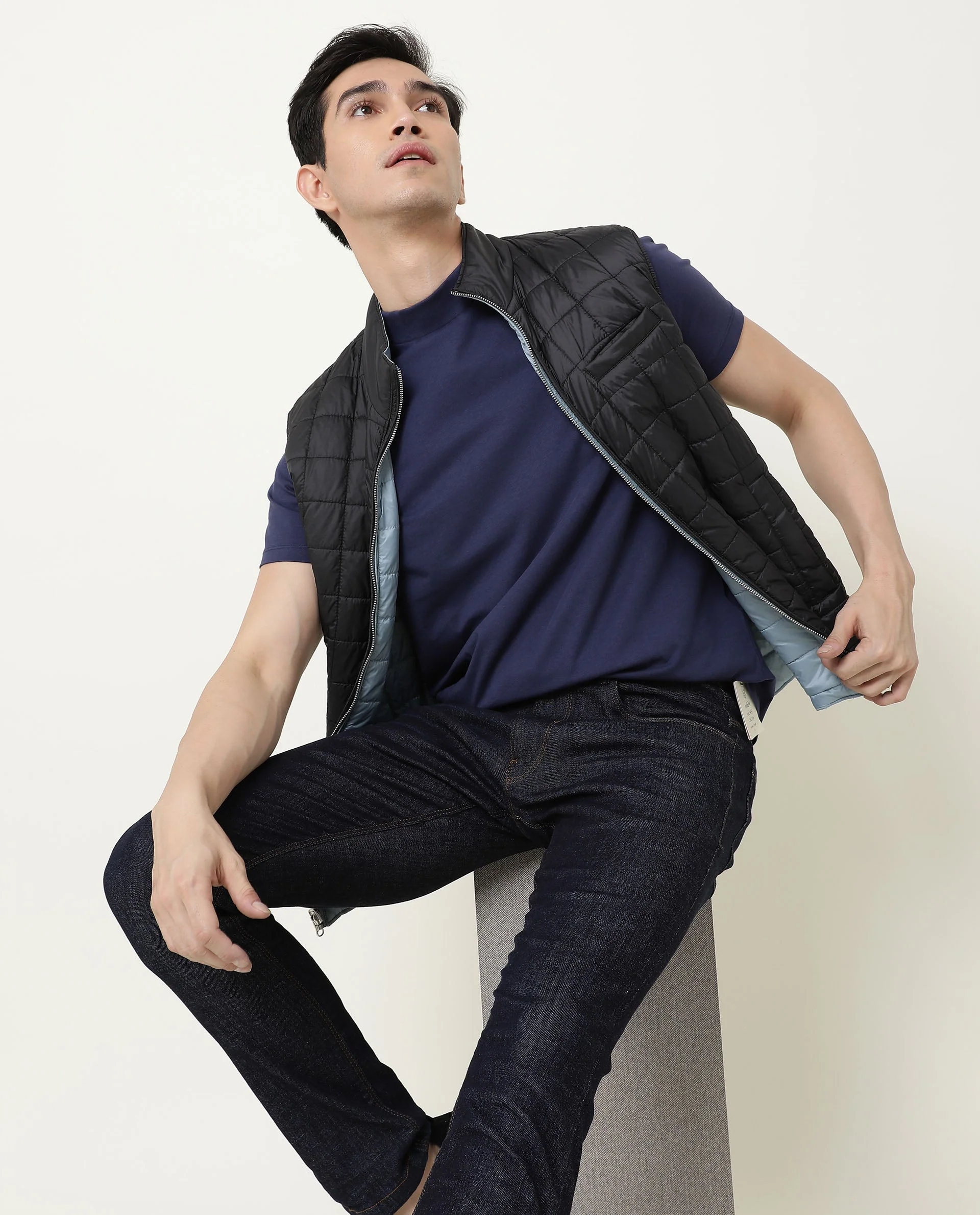 Rare Rabbit Men's Bit Navy Cotton Plain Slim Fit Half Sleeve High Neck T-Shirt - Image 6