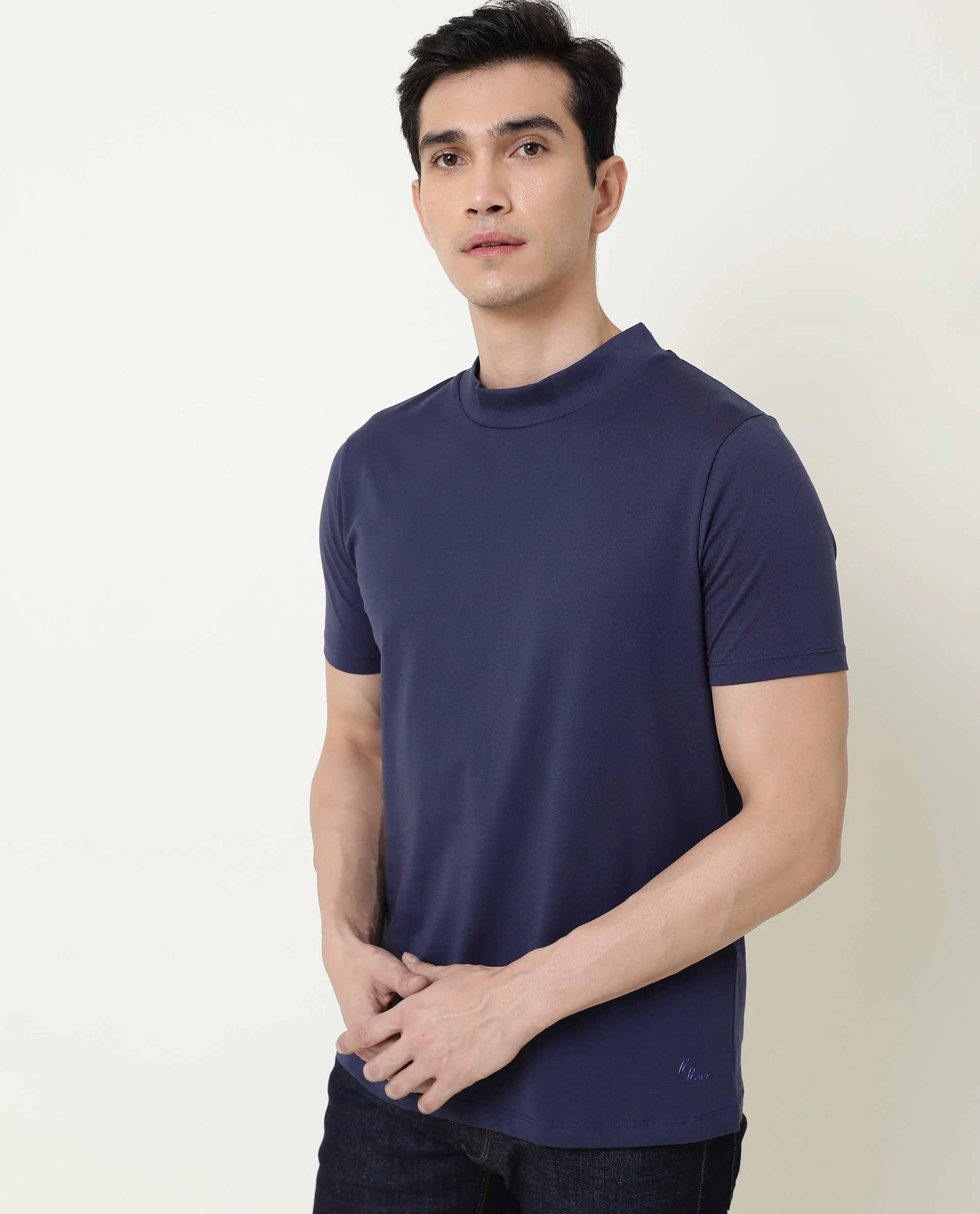 Rare Rabbit Men's Bit Navy Cotton Plain Slim Fit Half Sleeve High Neck T-Shirt - Image 7