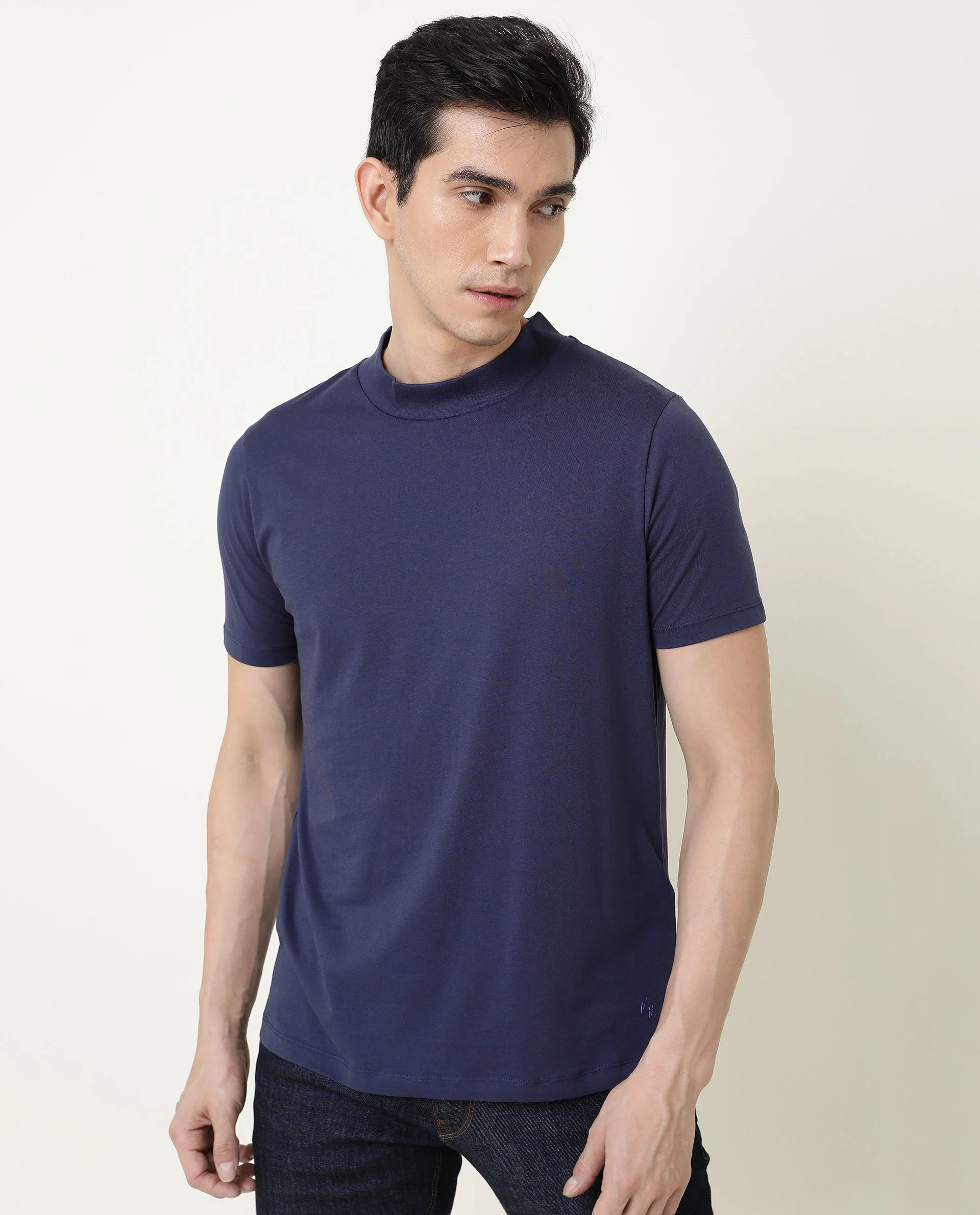 Rare Rabbit Men's Bit Navy Cotton Plain Slim Fit Half Sleeve High Neck T-Shirt - Image 8