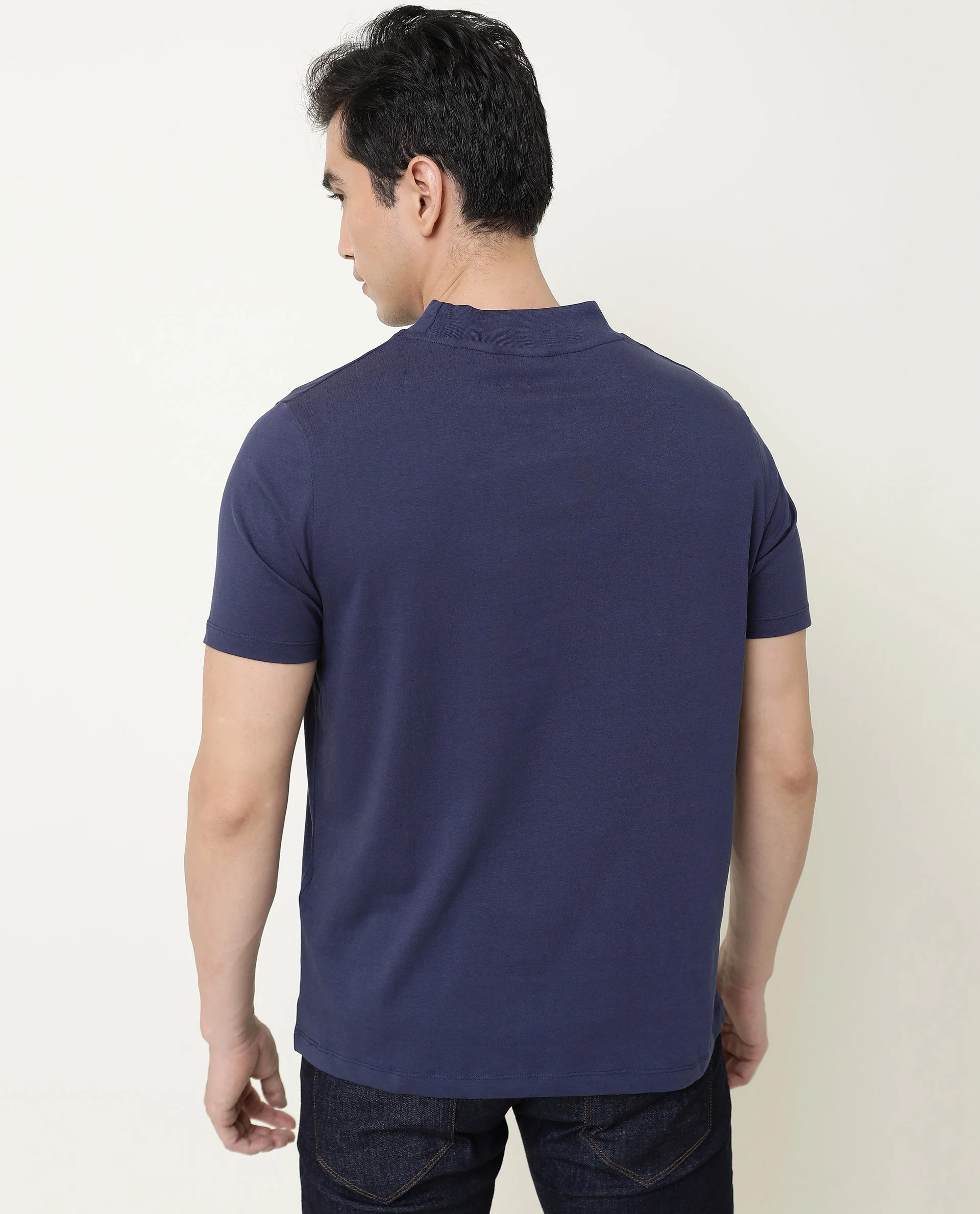 Rare Rabbit Men's Bit Navy Cotton Plain Slim Fit Half Sleeve High Neck T-Shirt - Image 9