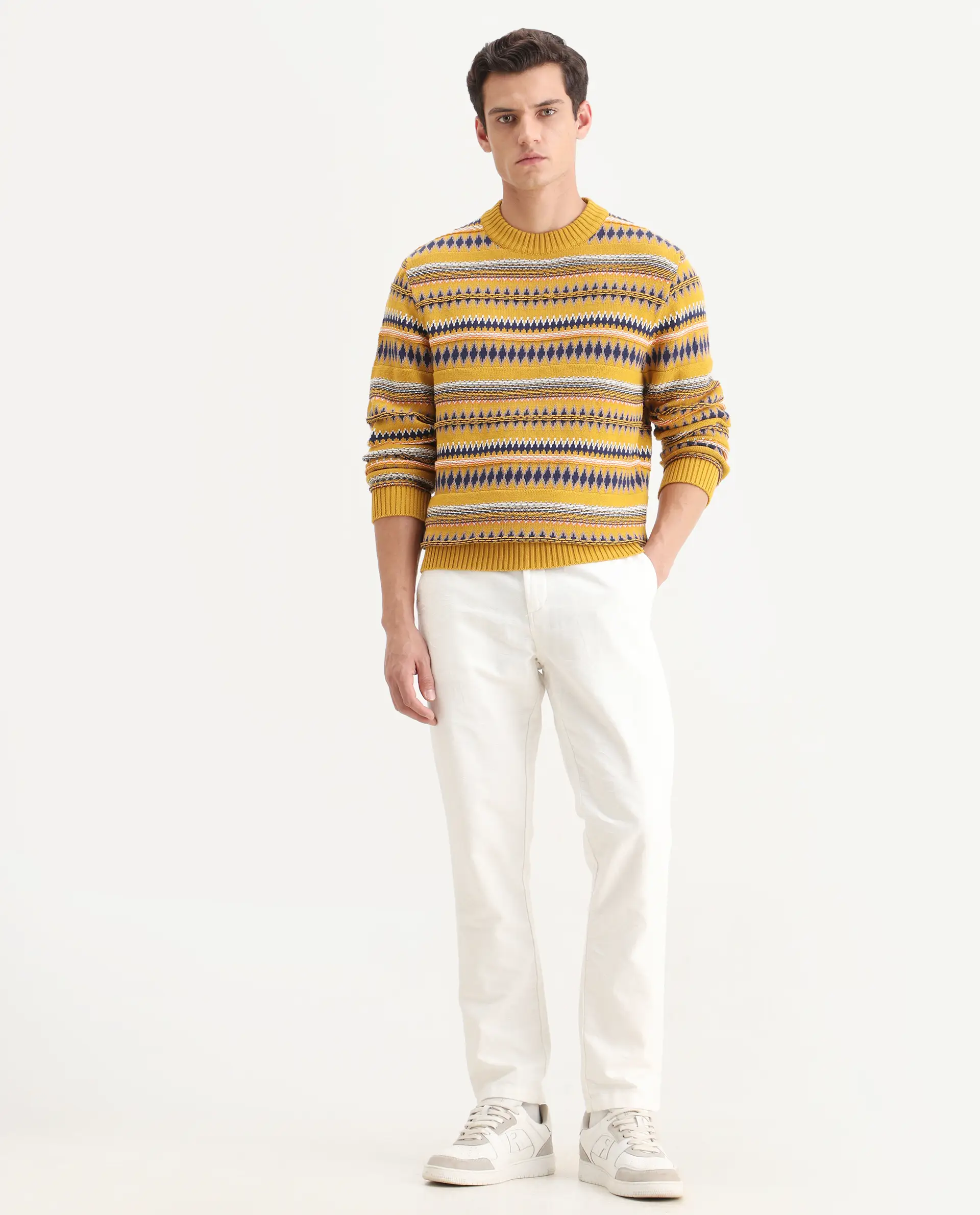 Rare Rabbit Men's Bita Yellow Cotton Fabric Full Sleeve Crew Neck Fair Isle Sweater - Image 2