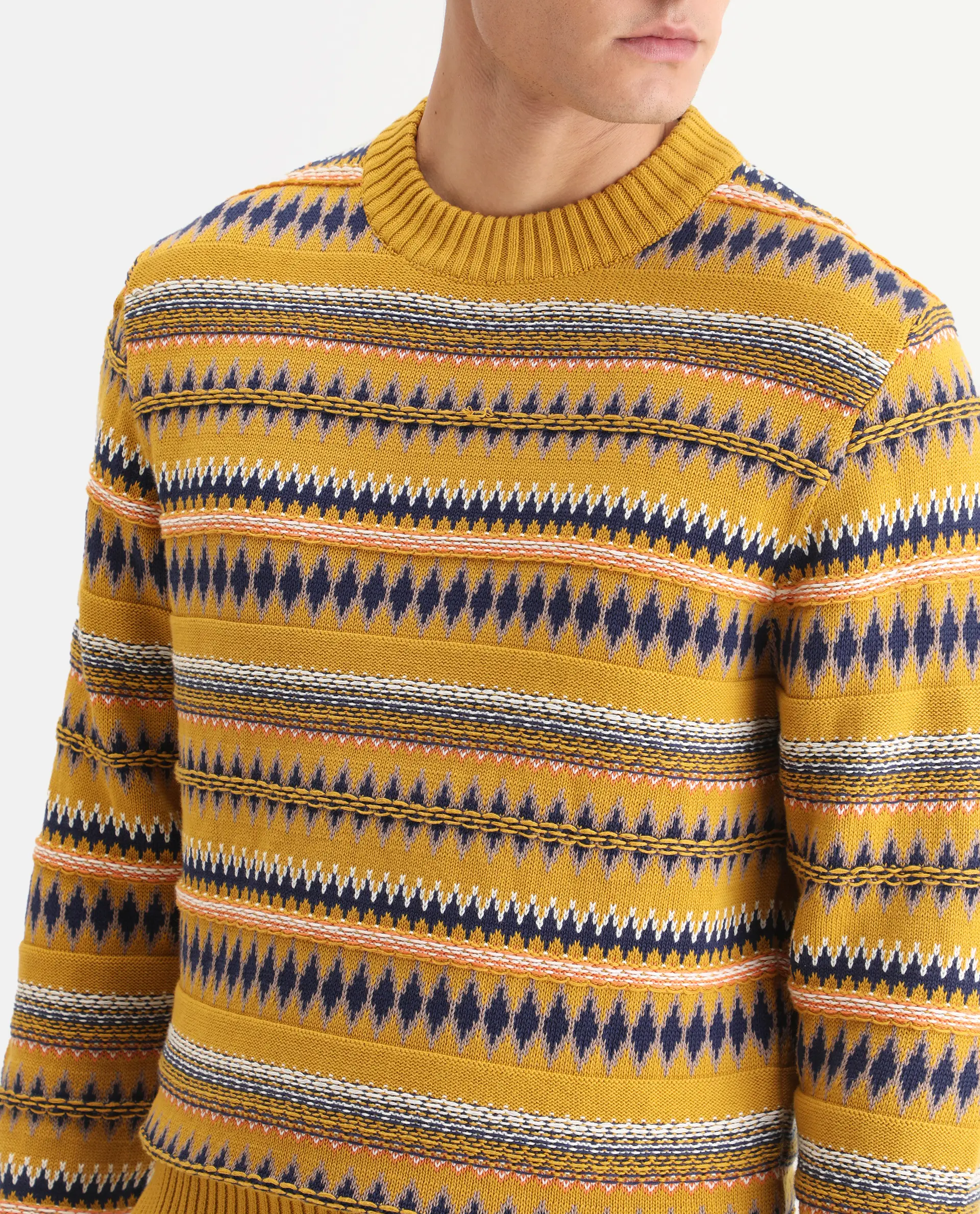 Rare Rabbit Men's Bita Yellow Cotton Fabric Full Sleeve Crew Neck Fair Isle Sweater - Image 3