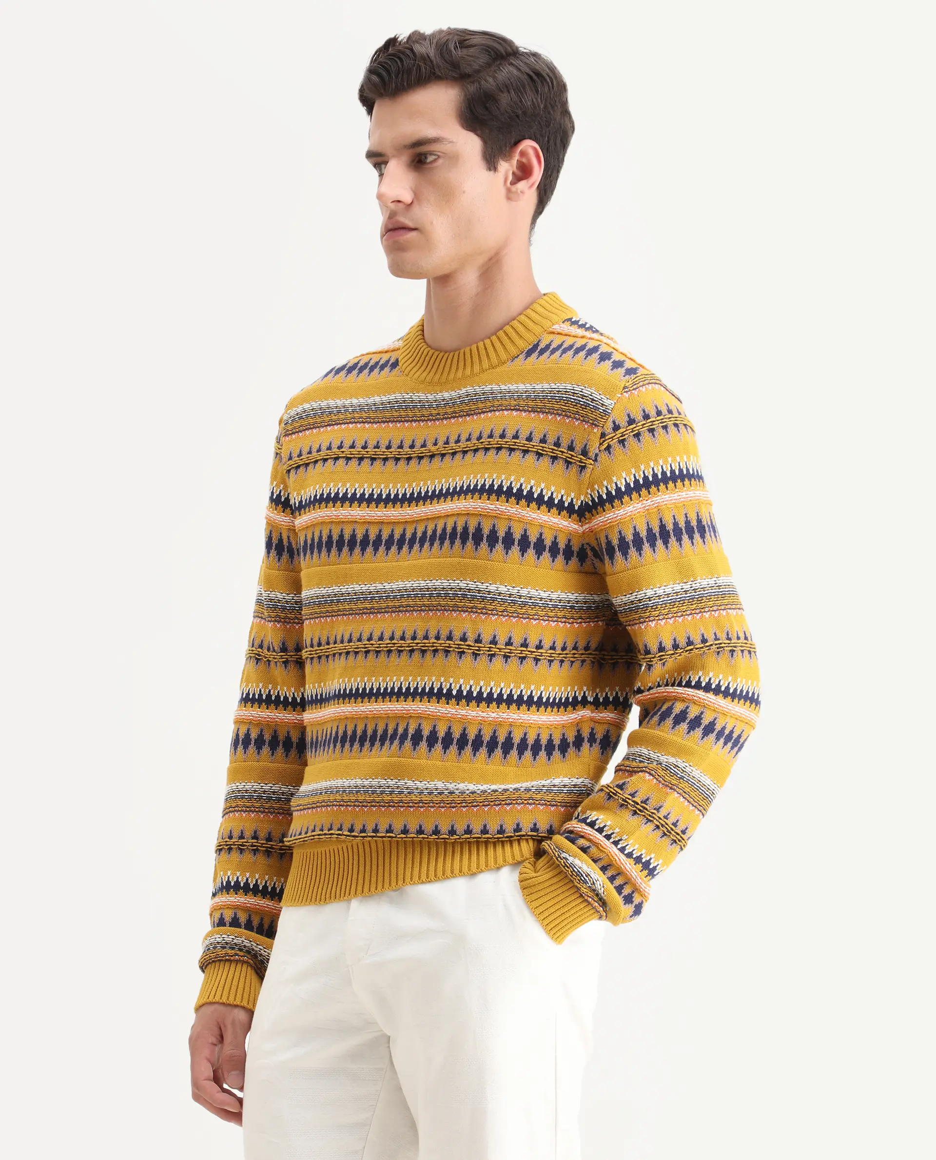 Rare Rabbit Men's Bita Yellow Cotton Fabric Full Sleeve Crew Neck Fair Isle Sweater - Image 4