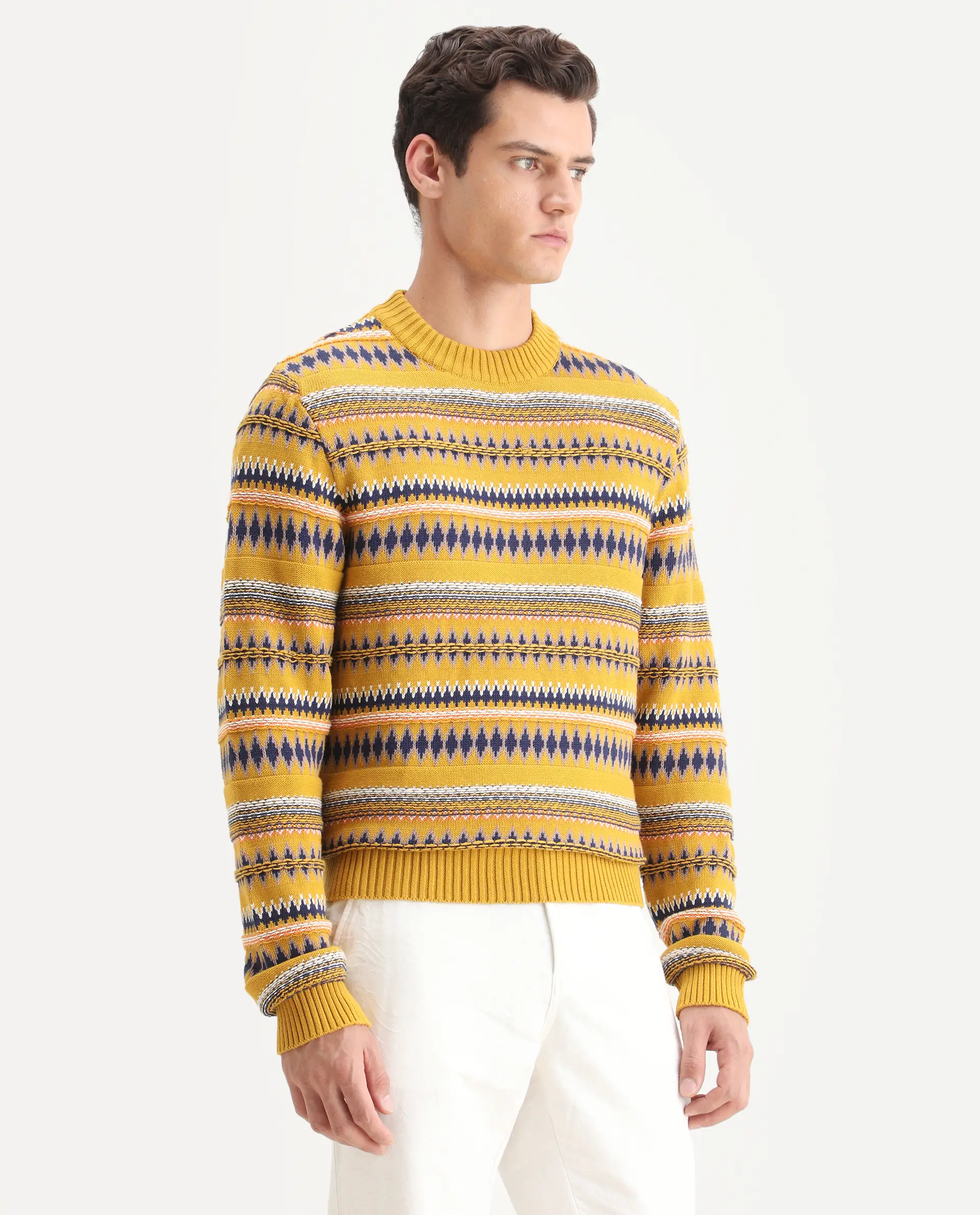 Rare Rabbit Men's Bita Yellow Cotton Fabric Full Sleeve Crew Neck Fair Isle Sweater - Image 5