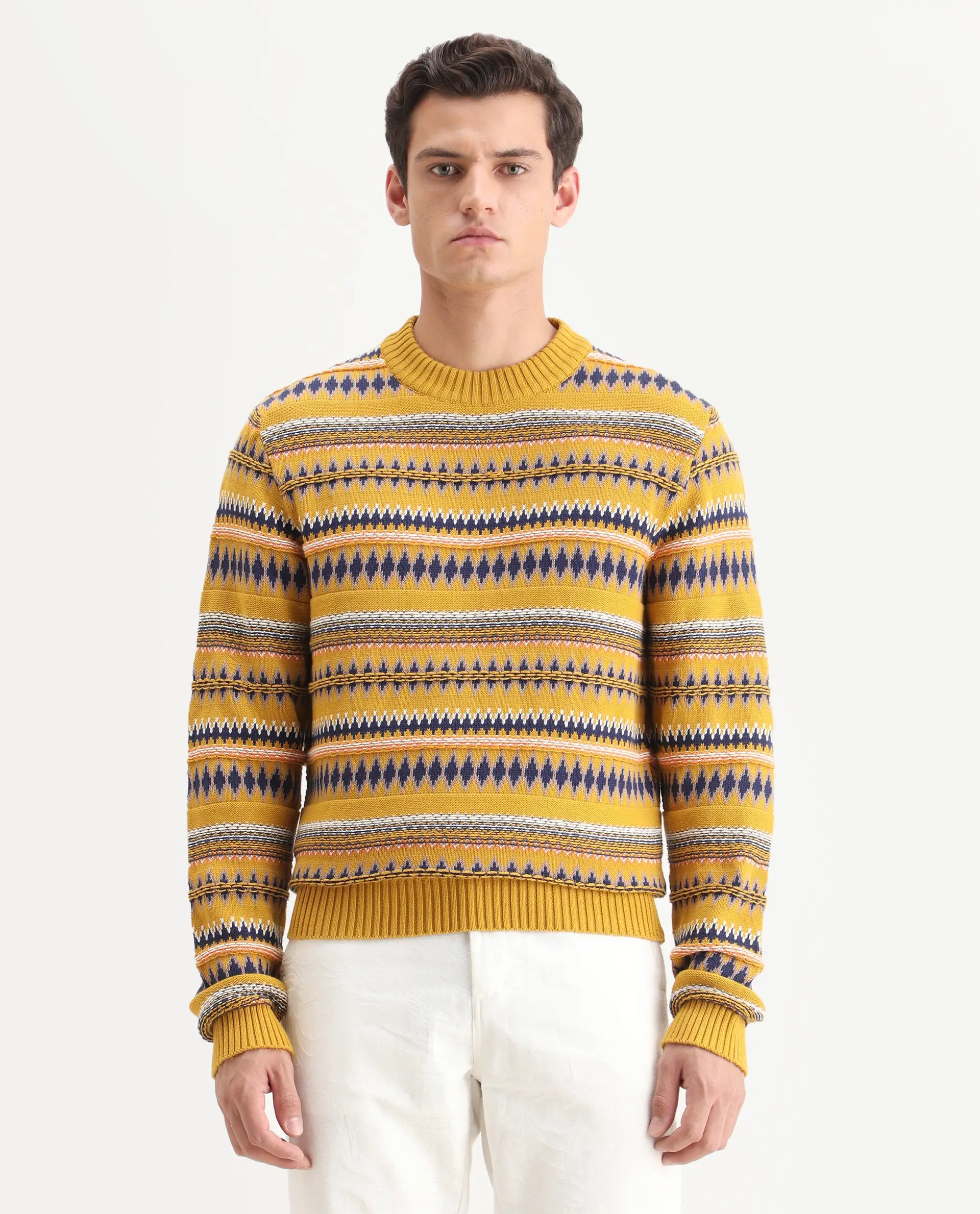 Rare Rabbit Men's Bita Yellow Cotton Fabric Full Sleeve Crew Neck Fair Isle Sweater - Image 6
