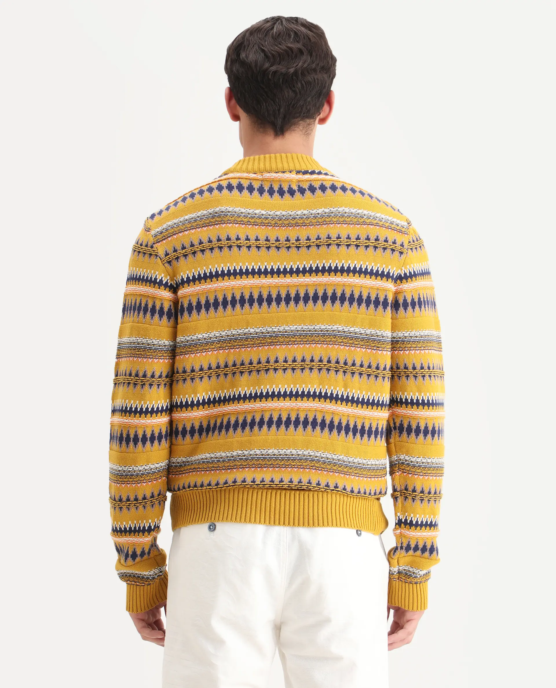 Rare Rabbit Men's Bita Yellow Cotton Fabric Full Sleeve Crew Neck Fair Isle Sweater - Image 7