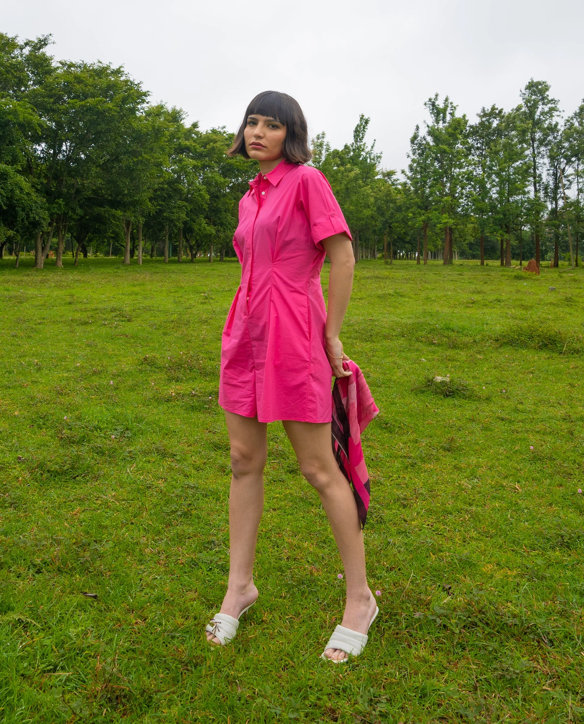 Rareism Womens Bitsy Pink Playsuit Cotton Lycra Fabric Regular Fit Half Sleeve Collared Neck